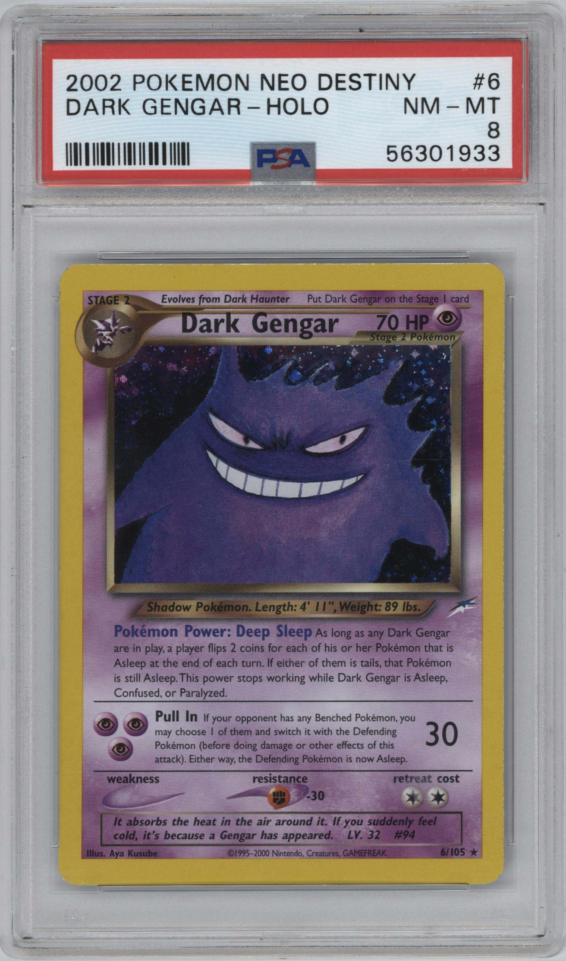 Dark Gengar from the 2002 Pokemon Neo Genesis set graded by PSA and given an overall grade of 8.