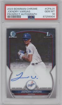 Joendry Vargas from the 2023 Bowman Chrome set graded by PSA and given an overall grade of 10.