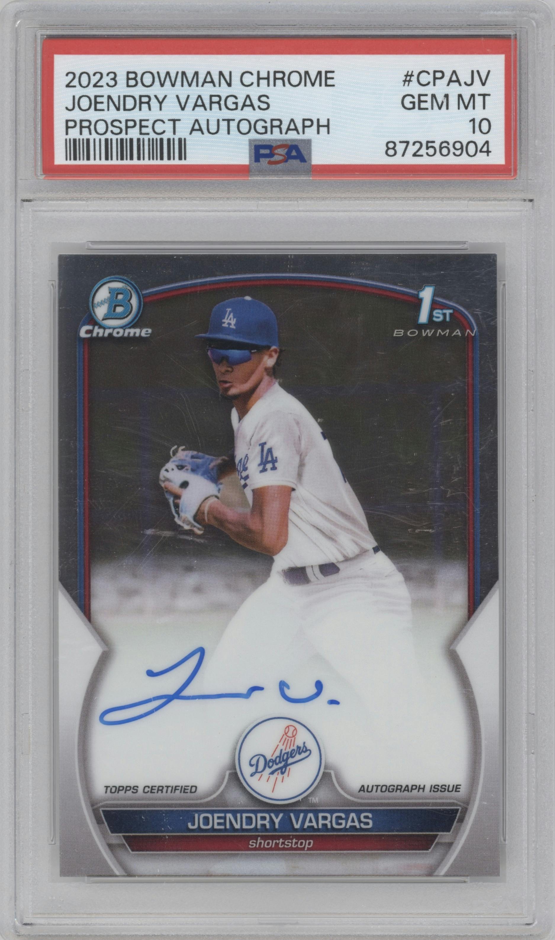 Joendry Vargas from the 2023 Bowman Chrome set graded by PSA and given an overall grade of 10.