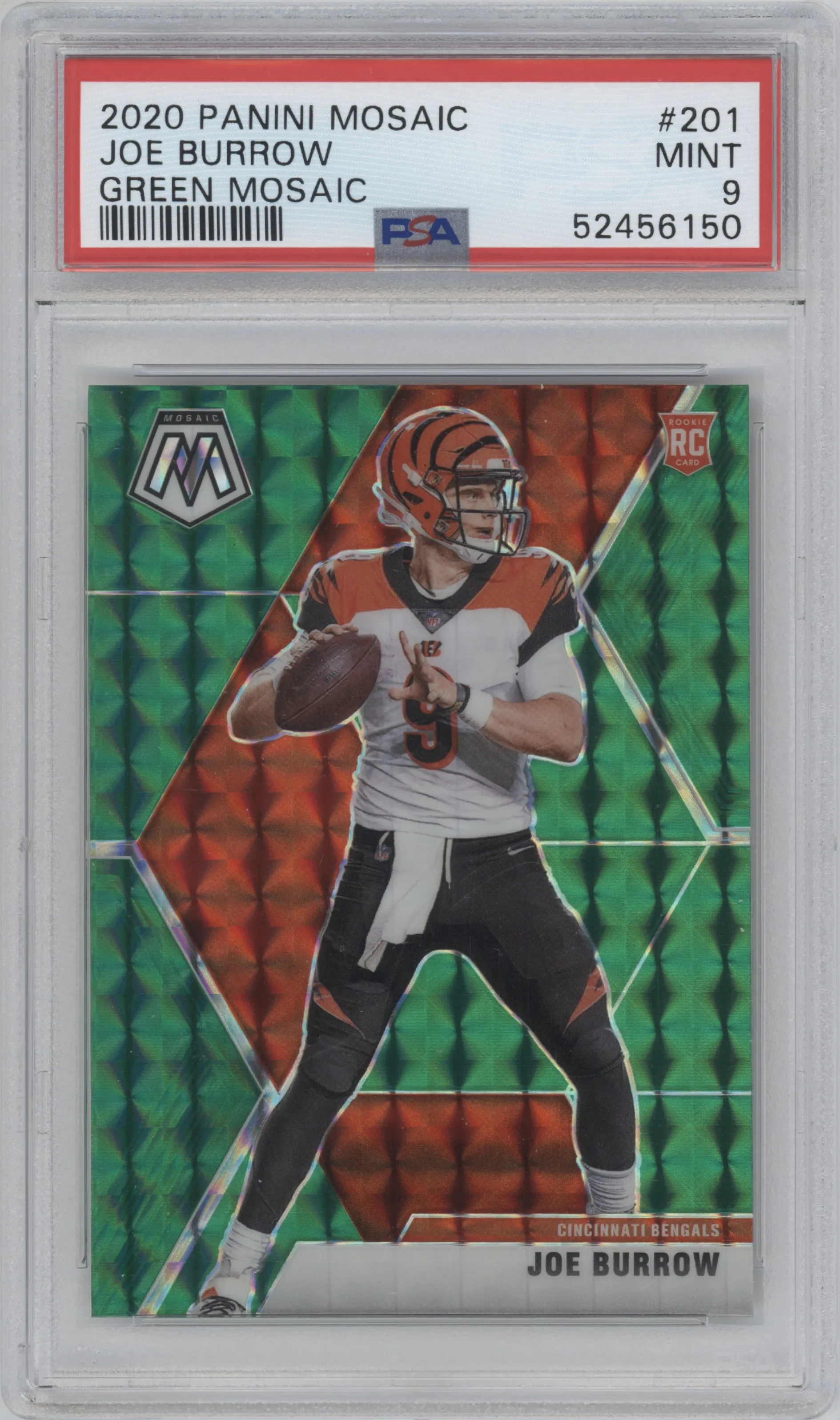 Joe Burrow from the 2020 Panini Mosaic set featuring a Green Mosaic parallel graded by PSA and given an overall grade of 9.