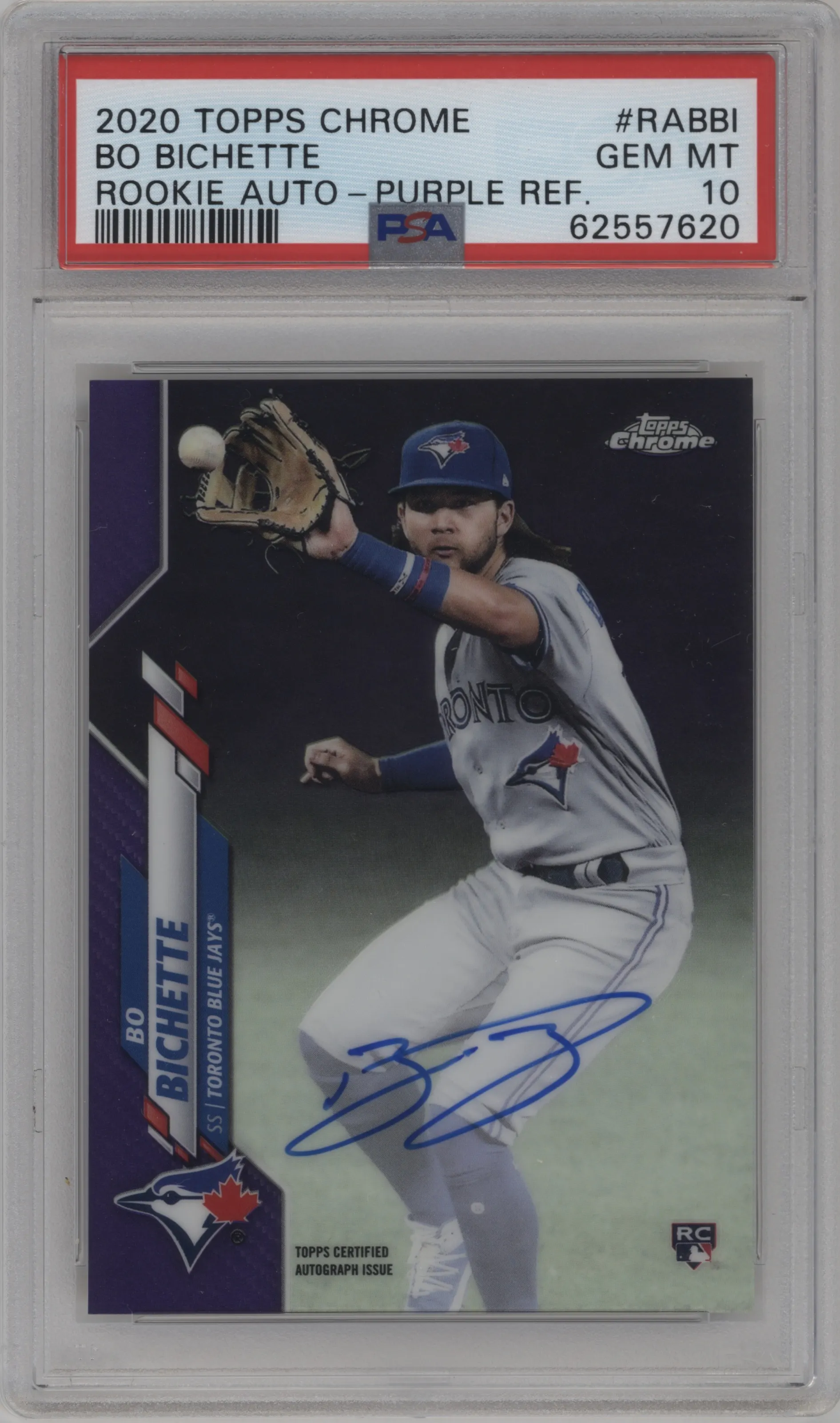 2020 Topps Chrome Rke.Auto Bo Bichette Purple Refractor PSA 10