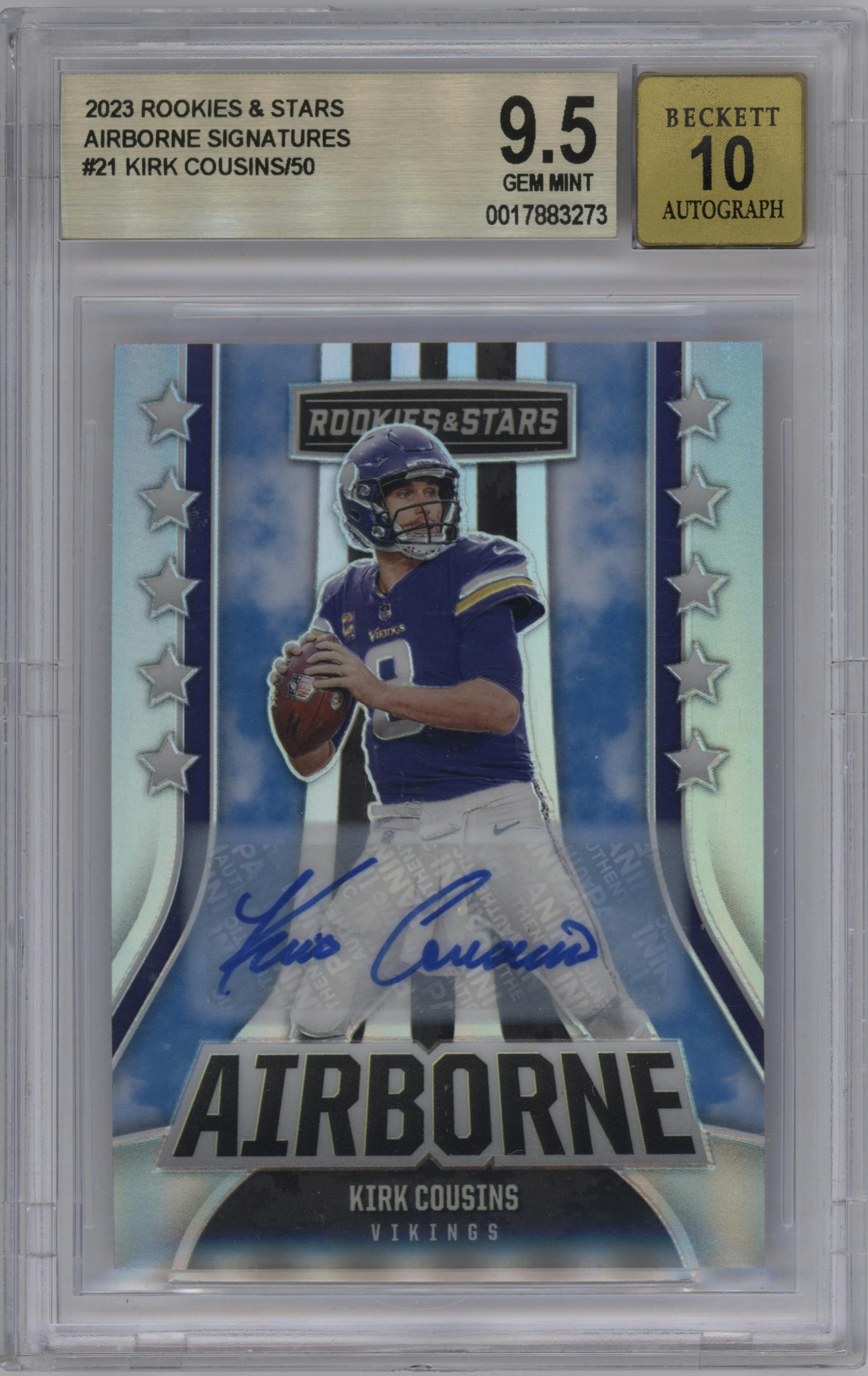 Kirk Cousins from the 2023 Panini Rookies & Stars set graded by Beckett and given an overall grade of 9.5.