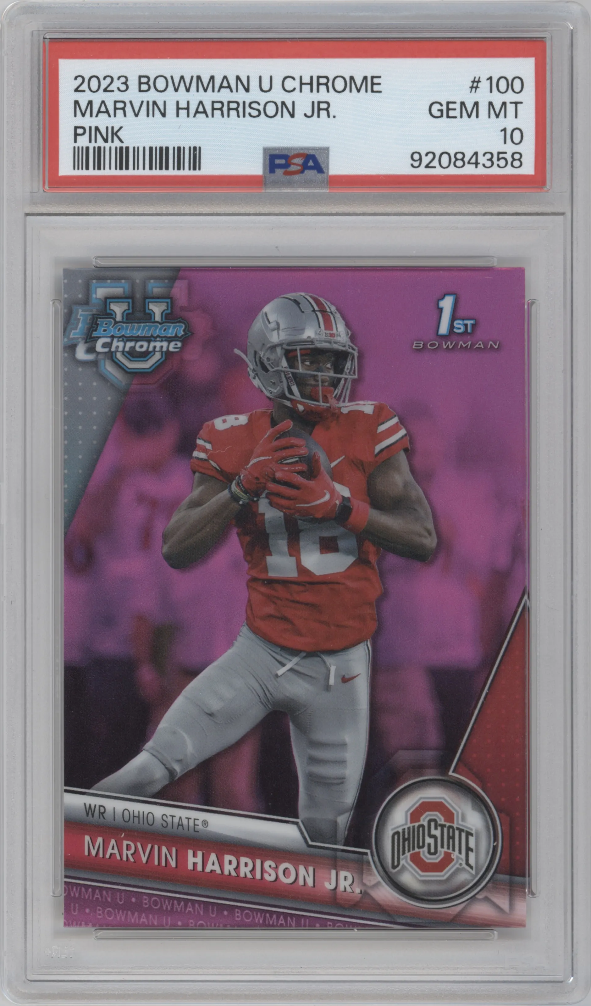 Marvin Harrison Jr.  from the 2023 Bowman Chrome University set featuring a Pink Refractor parallel graded by PSA and given an overall grade of 10.