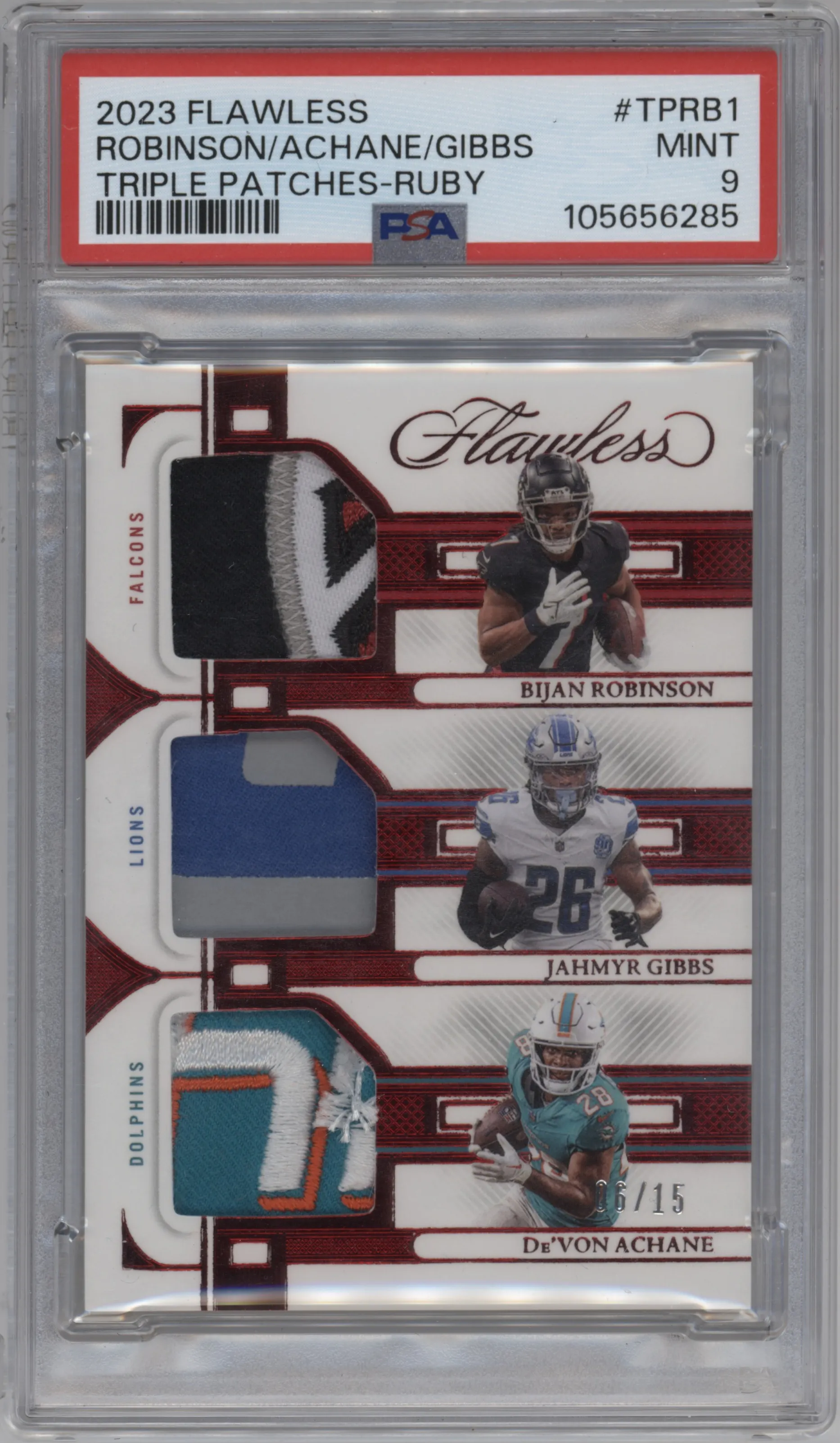 2023 Panini Flawless Triple Patches Bijan Robinson/Jahmyr Gibbs/De’Von Achane Ruby #TP-RB1 PSA 9