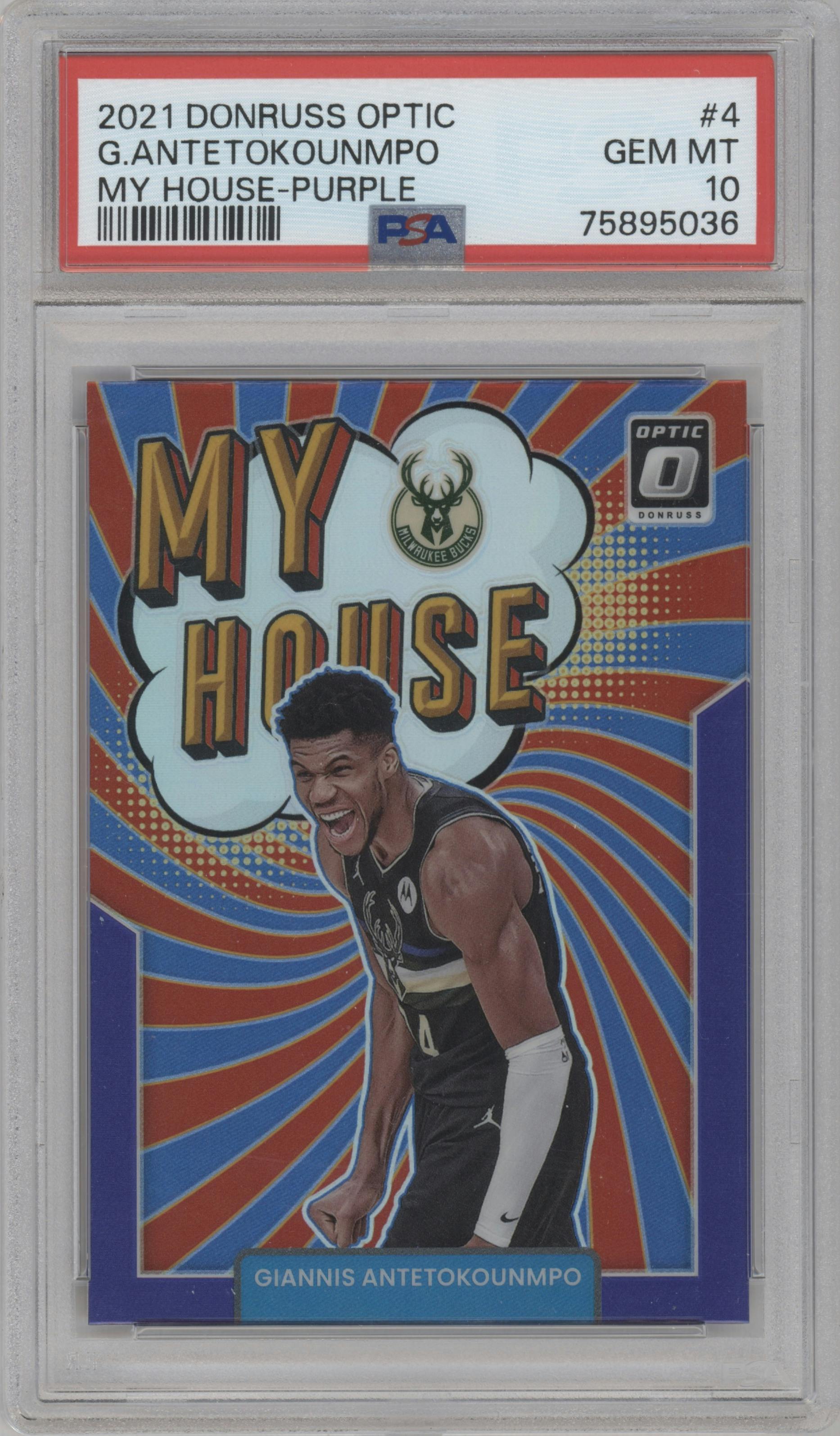 Giannis Antetokounmpo from the 2021-22 Panini Donruss Optic set featuring a Purple parallel graded by PSA and given an overall grade of 10.