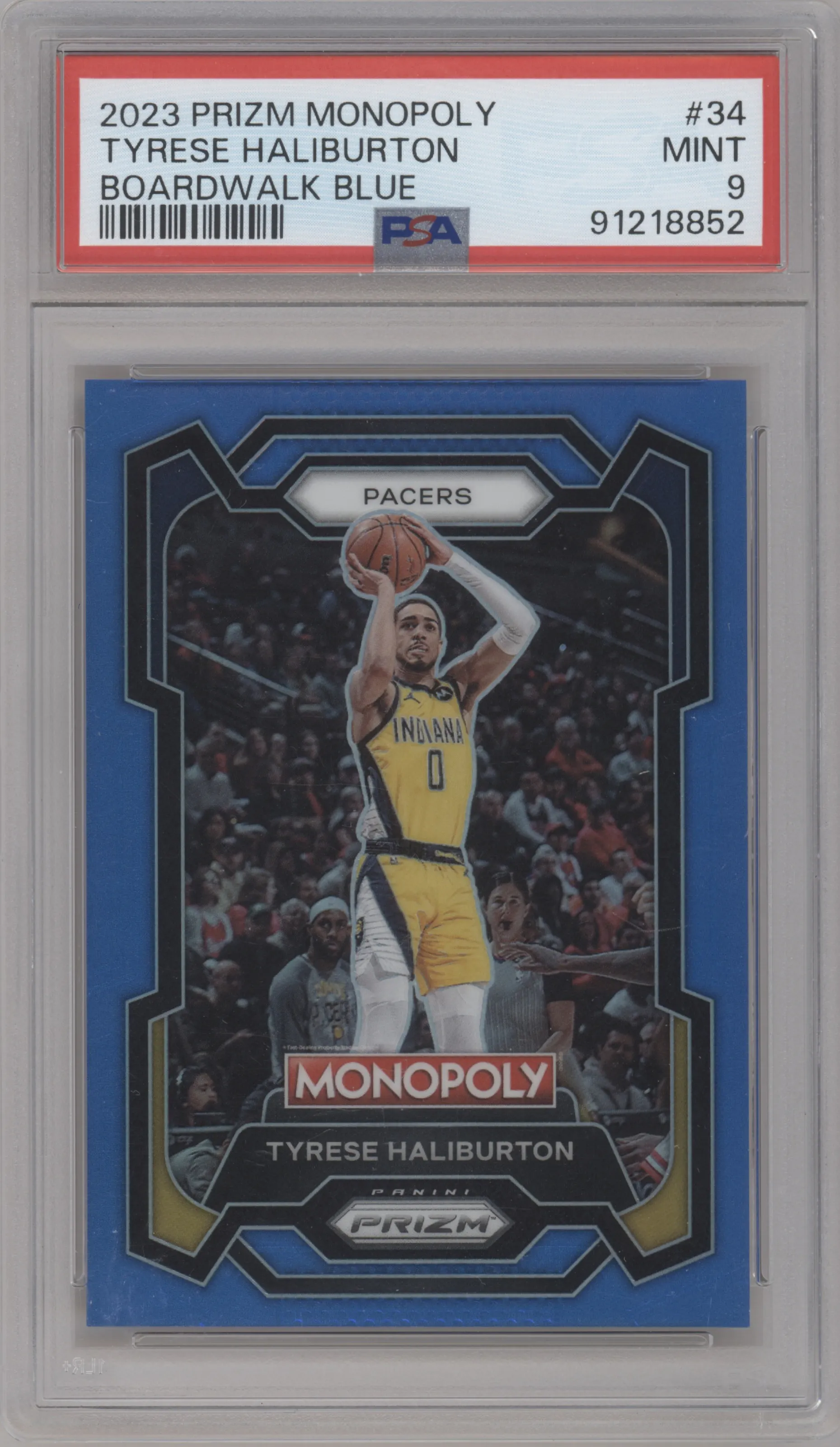 Tyrese Haliburton from the 2023-24 Panini Prizm Monopoly set featuring a Boardwalk Blue parallel graded by PSA and given an overall grade of 9.