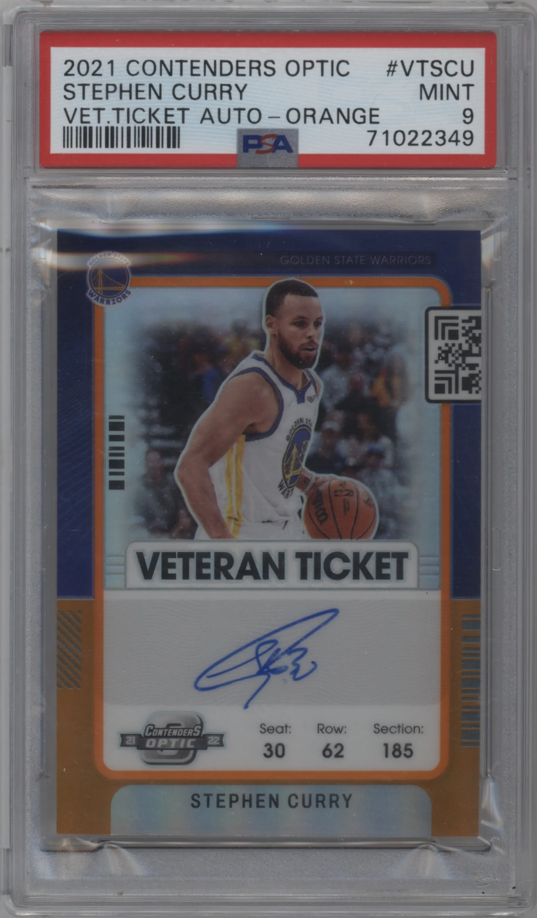 2021 Panini Contenders Optic Veteran Ticket Stephen Curry Orange #VT-SCU PSA 9