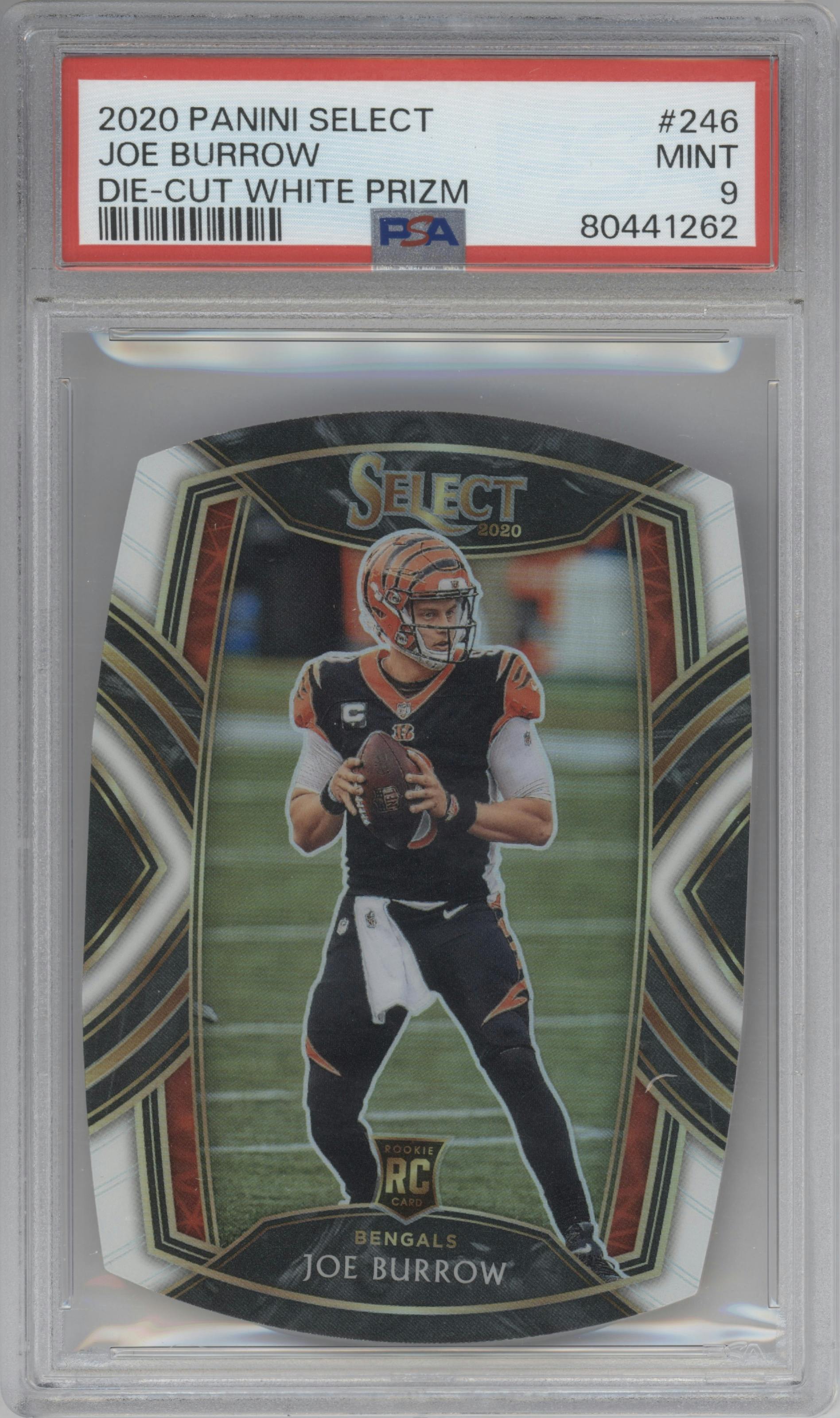 Joe Burrow from the 2020 Panini Select set featuring a Die-Cut White parallel graded by PSA and given an overall grade of 9.