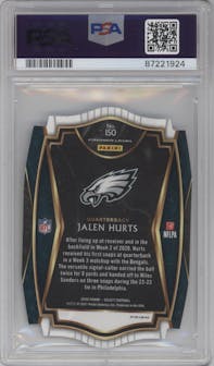 Jalen Hurts from the 2020 Panini Select set featuring a Die-Cut Light Blue parallel graded by PSA and given an overall grade of 10.