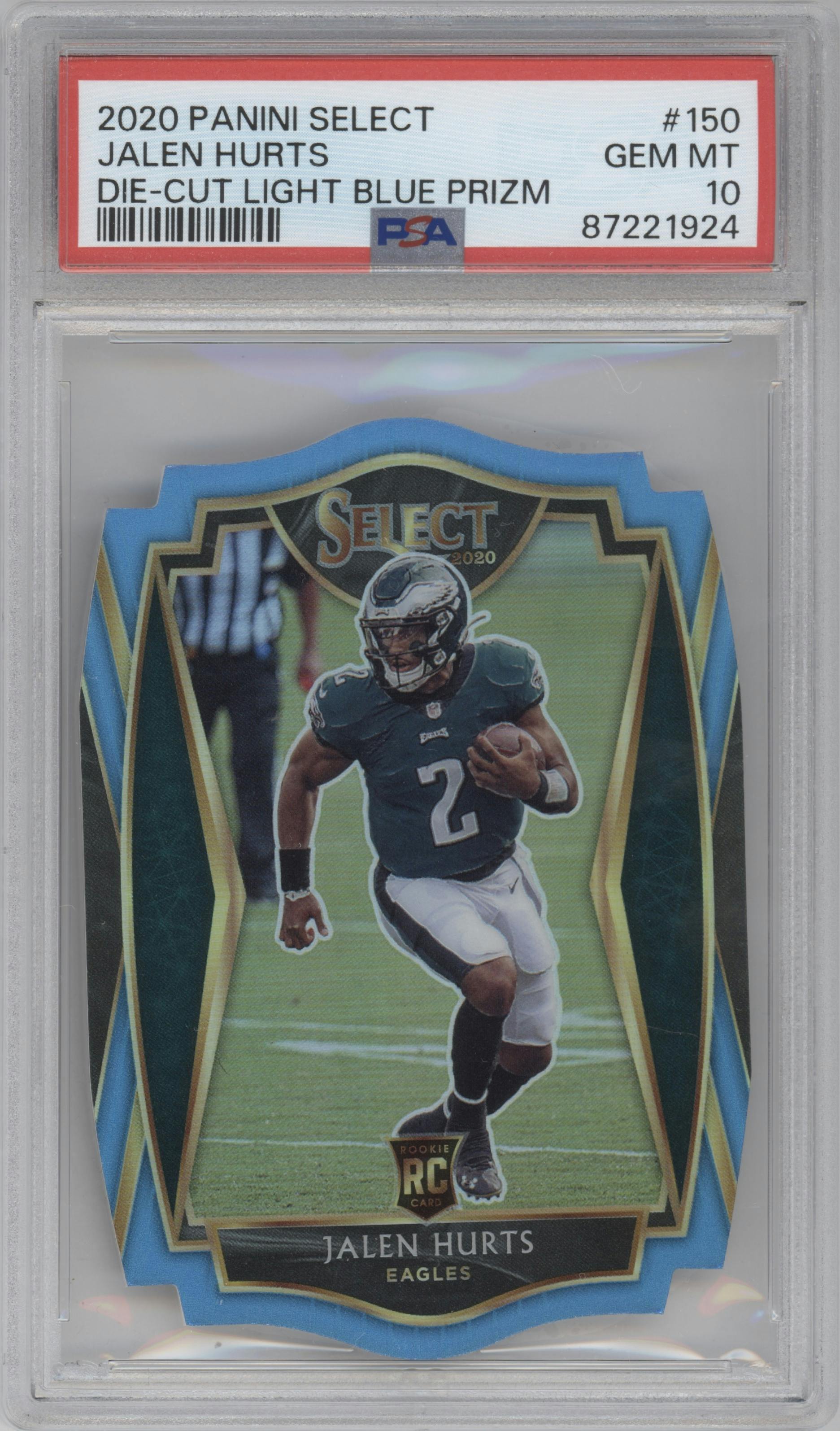 Jalen Hurts from the 2020 Panini Select set featuring a Die-Cut Light Blue parallel graded by PSA and given an overall grade of 10.