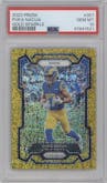 Puka Nacua from the 2023 Panini Prizm set featuring a Gold Sparkle parallel graded by PSA and given an overall grade of 10.