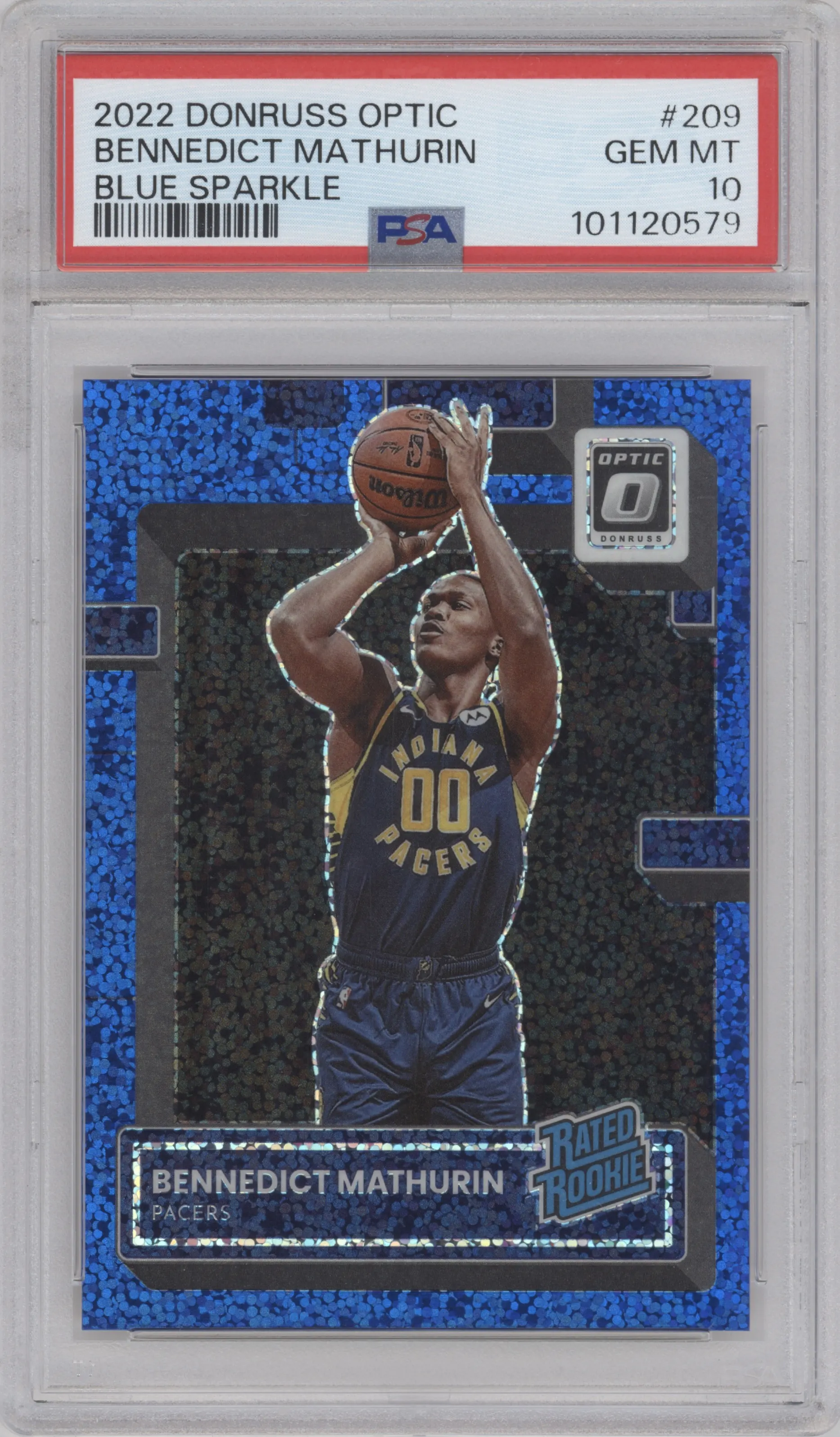 Bennedict Mathurin from the 2022-23 Panini Donruss Optic  set featuring a Blue Sparkle  parallel graded by PSA and given an overall grade of 10.