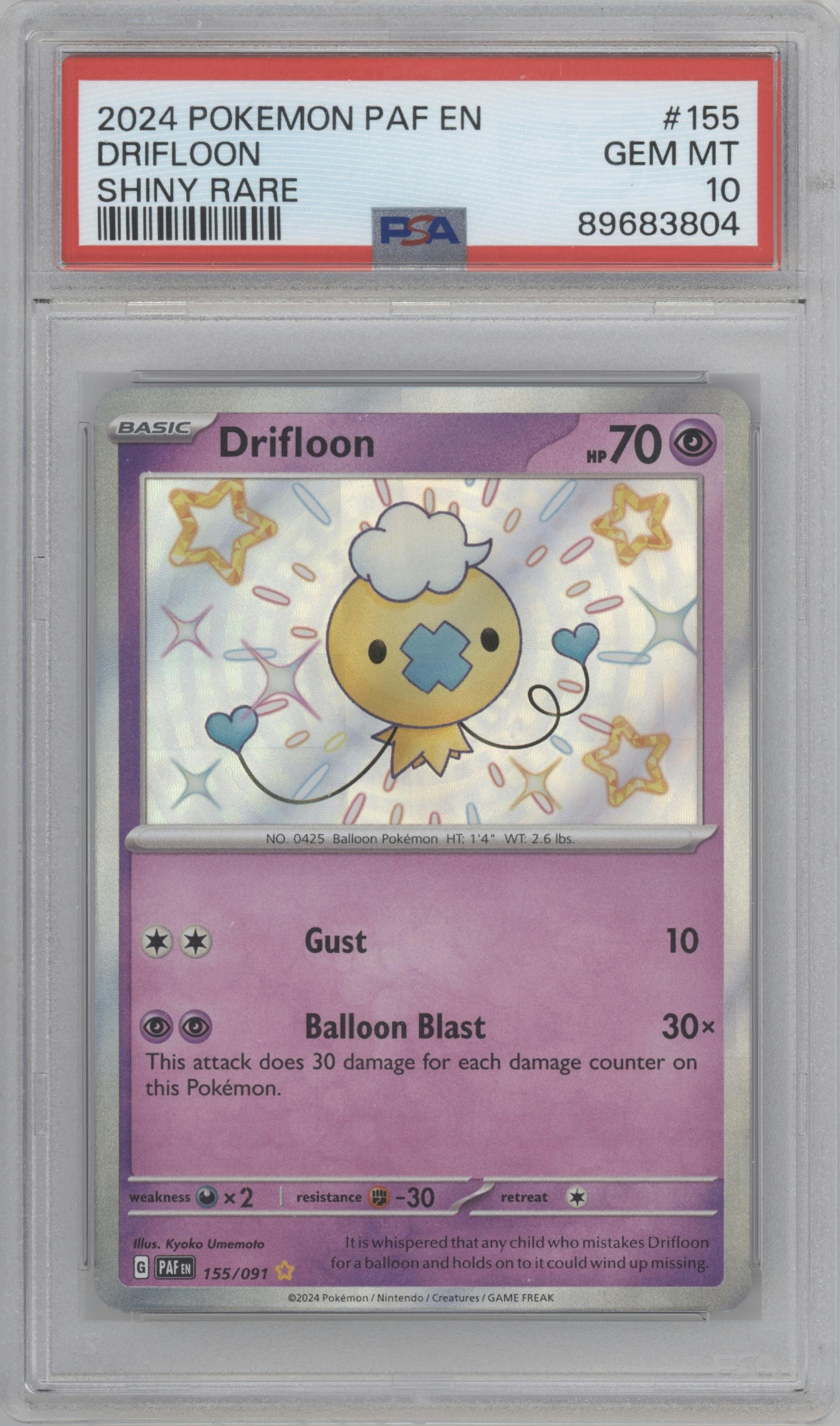 Drifloon from the 2024 Pokemon SV set graded by PSA and given an overall grade of 10.