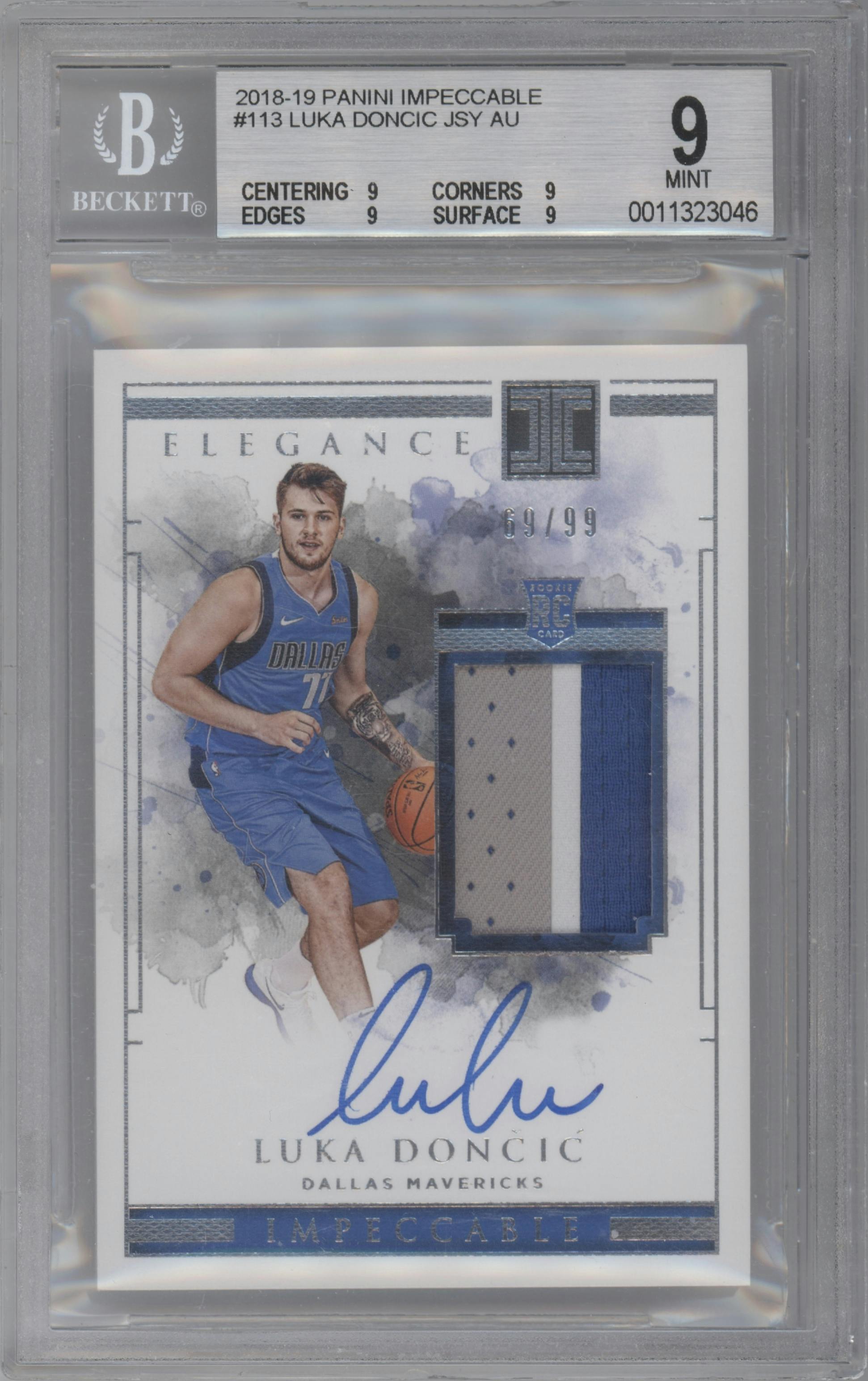 Luka Doncic from the 2018-19 Panini Impeccable  set graded by Beckett and given an overall grade of 9.