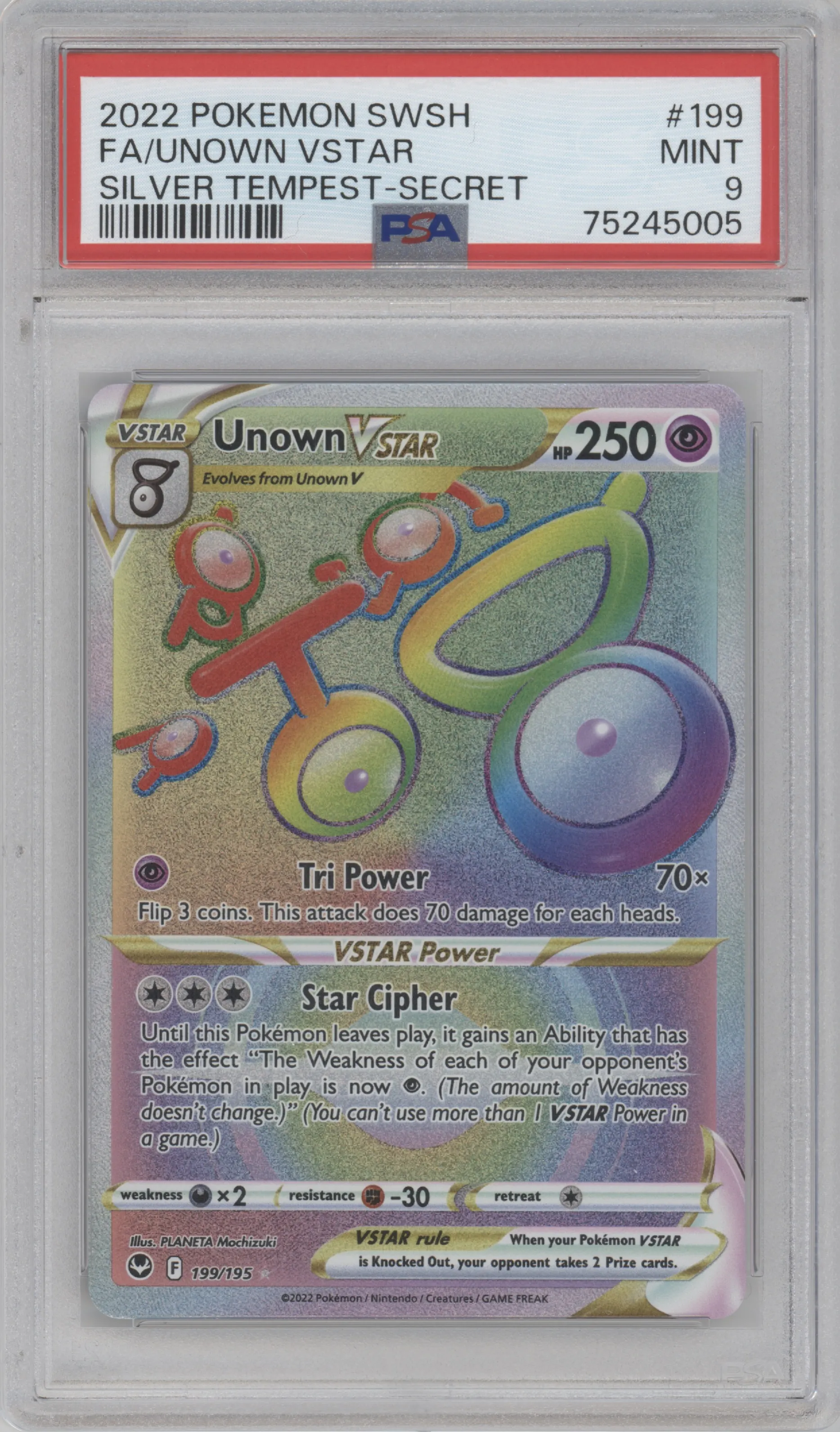 Unown VSTAR from the 2022 Pokemon SWSH set graded by PSA and given an overall grade of 9.