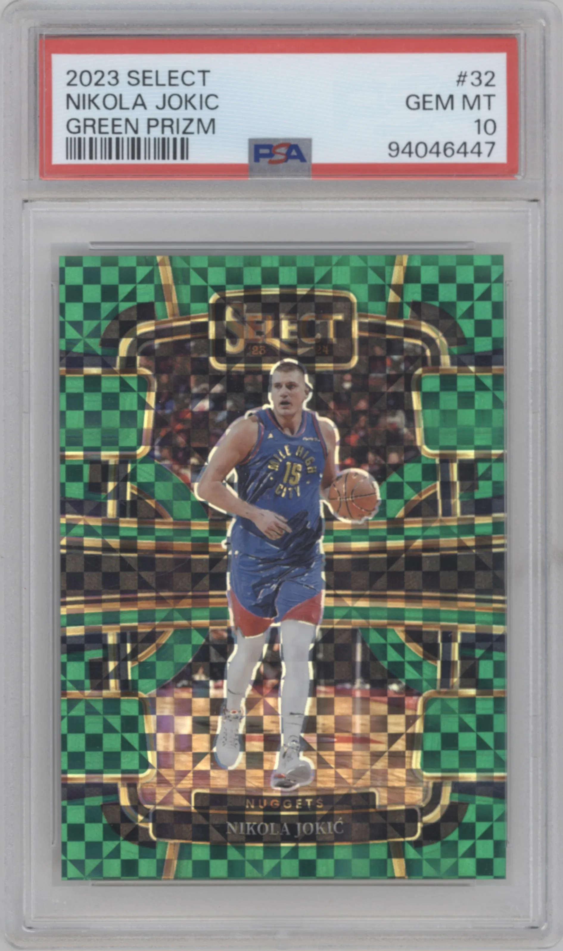 Nikola Jokic from the 2023-24 Panini Select  set featuring a Green Prizm parallel graded by PSA and given an overall grade of 10.