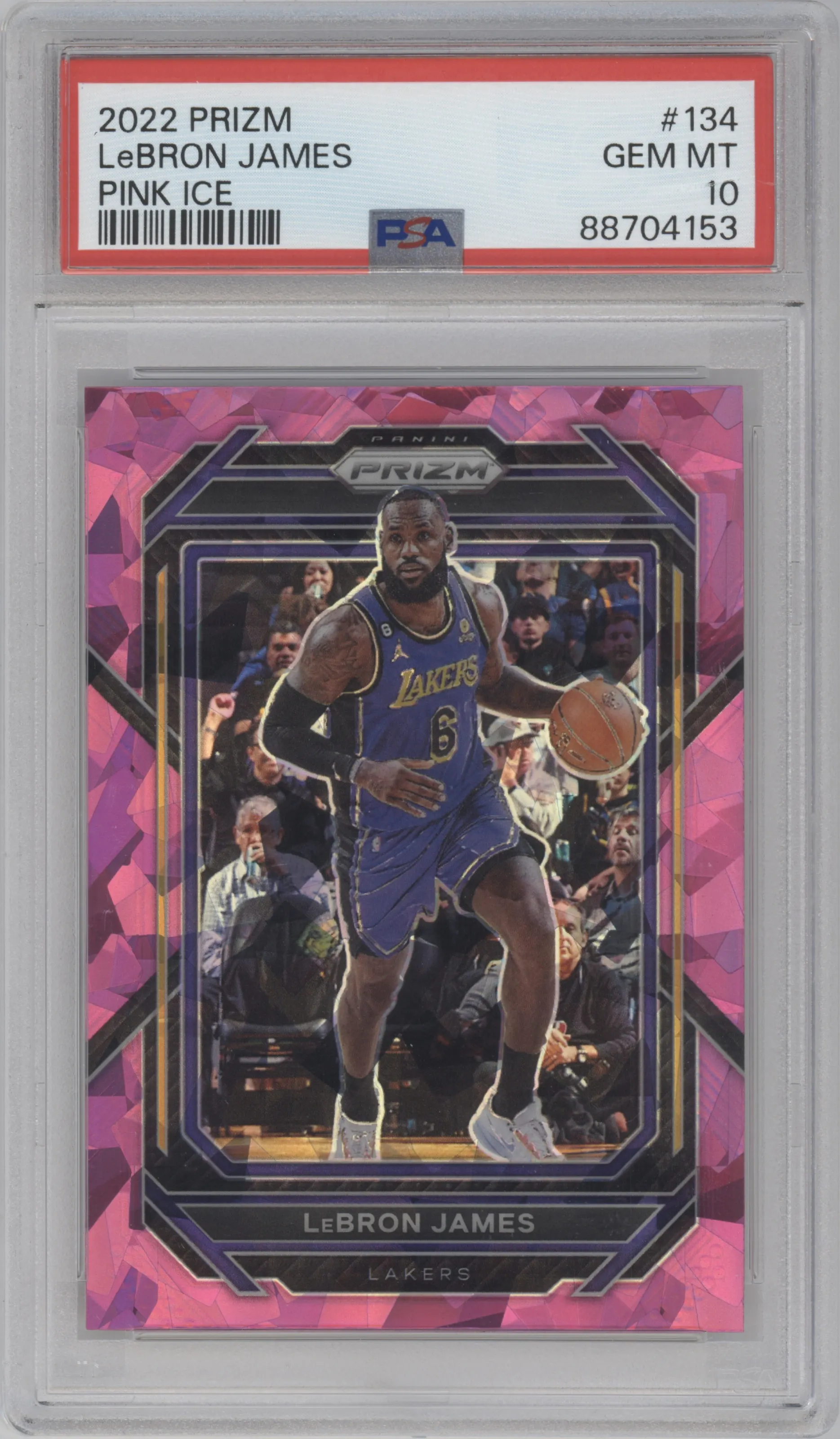 LeBron James from the 2022-23 Panini Prizm  set featuring a Pink Ice parallel graded by PSA and given an overall grade of 10.