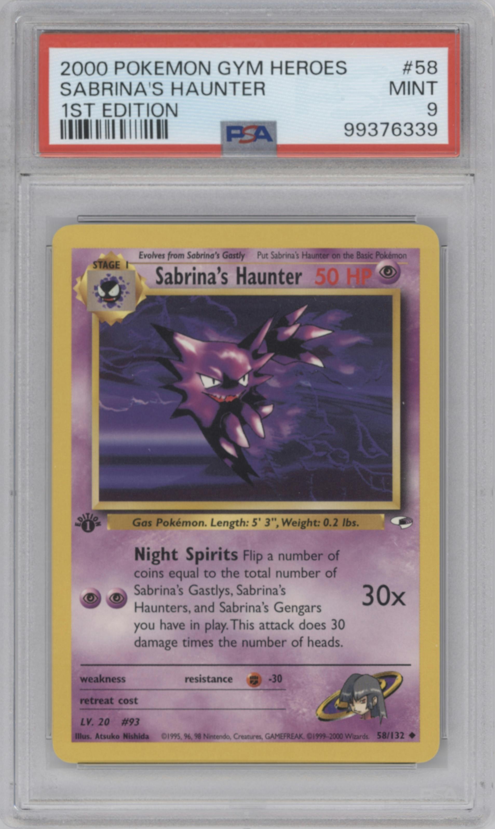 Sabrina's Haunter from the 2000 Pokemon GH set graded by PSA and given an overall grade of 9.