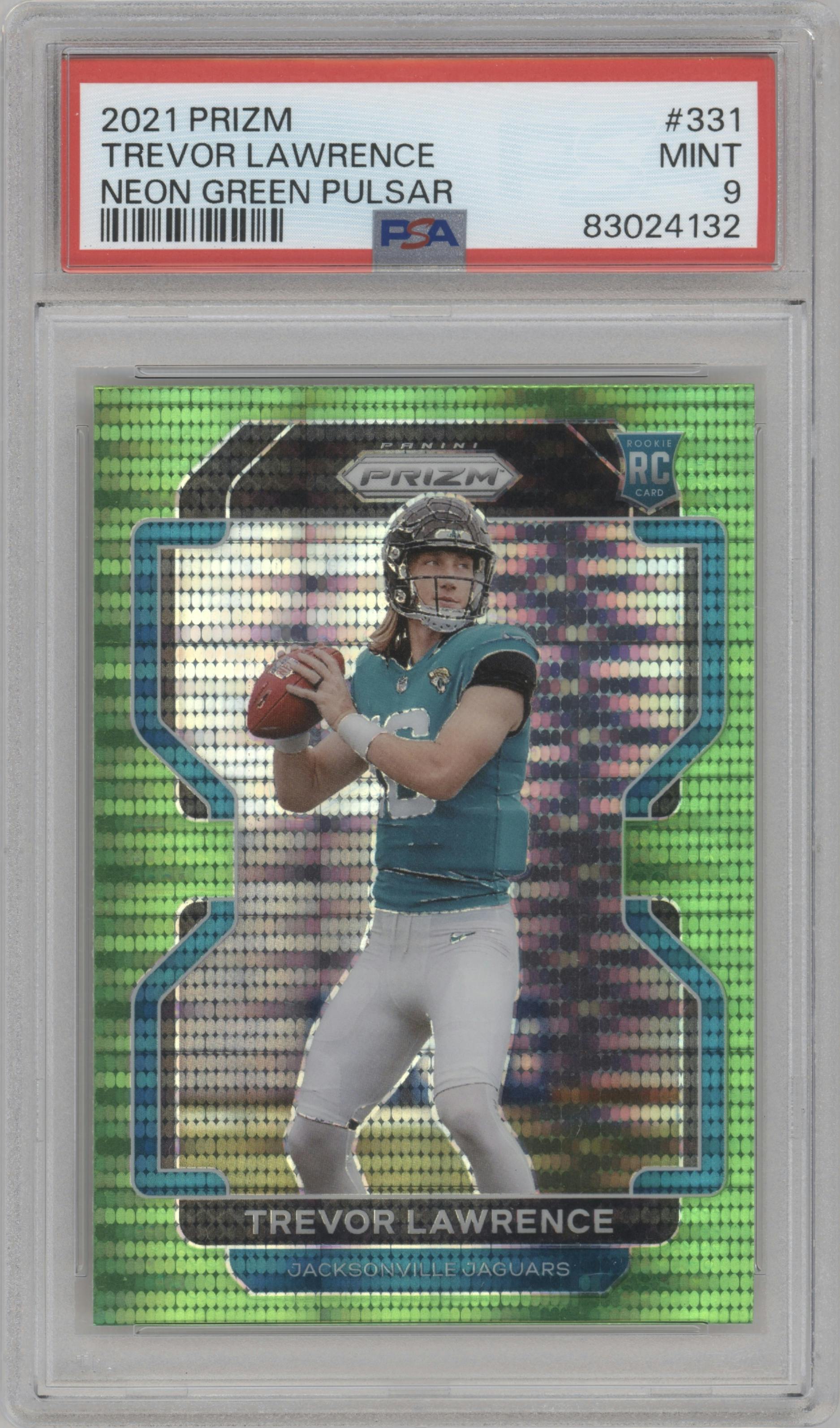 Trevor Lawrence from the 2021 Panini Prizm set featuring a  Neon Green Pulsar parallel graded by PSA and given an overall grade of 9.