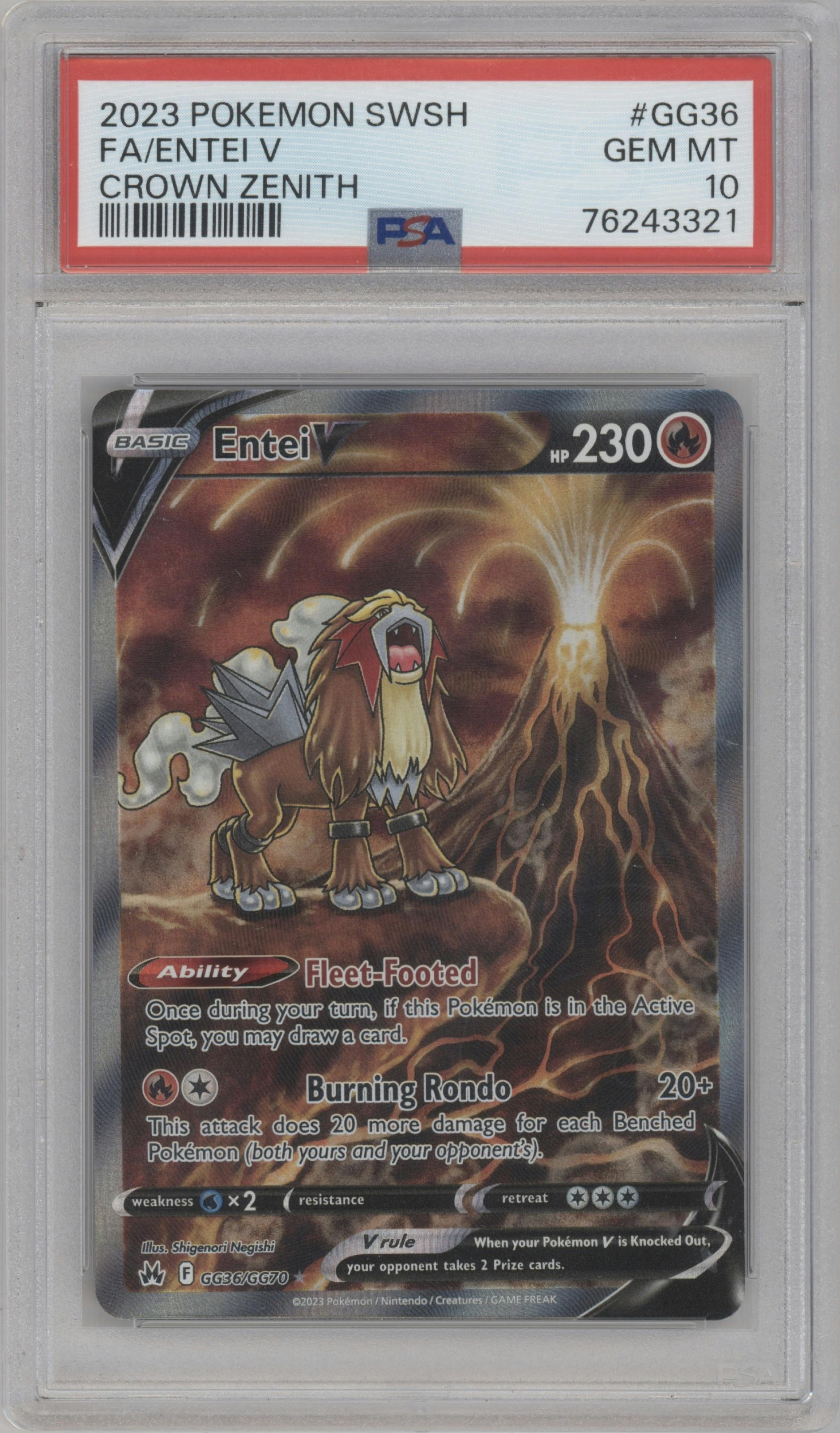 Entei V from the 2023 Pokemon SWSH set graded by PSA and given an overall grade of 10.