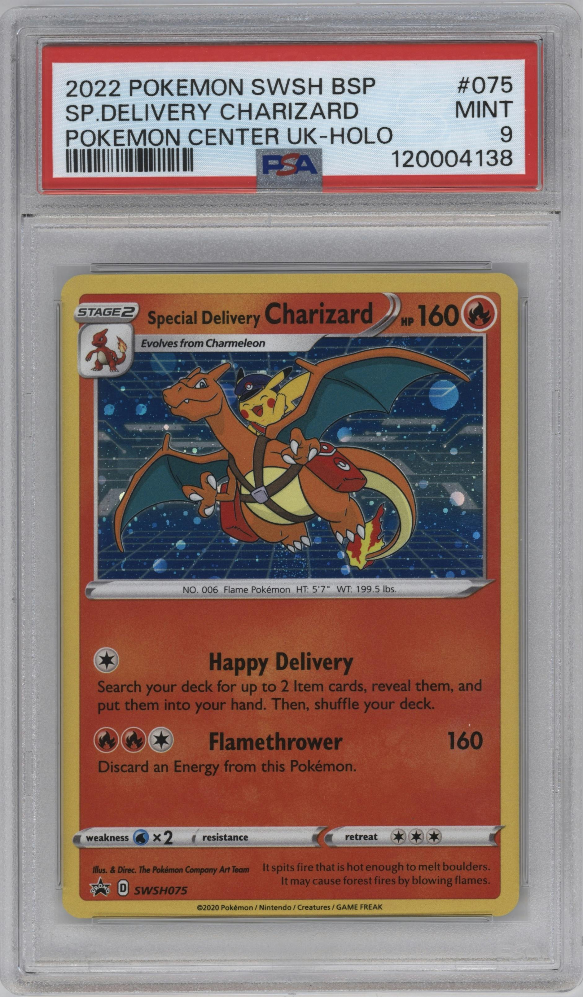 Special Delivery Charizard  from the 2022 Pokemon SWSH set featuring a Pokemon Center UK parallel graded by PSA and given an overall grade of 9.