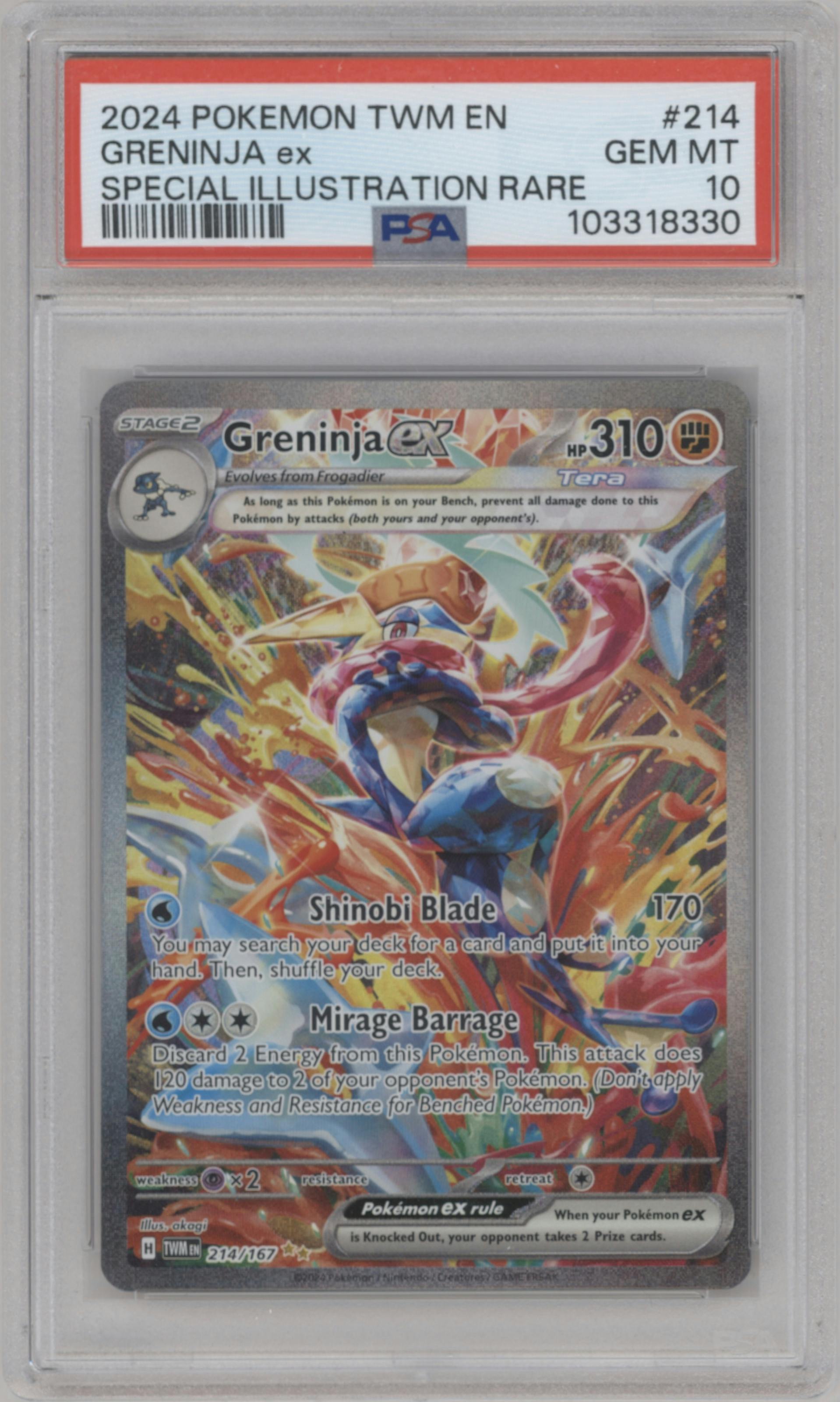Greninja ex from the 2024 Pokemon SV set graded by PSA and given an overall grade of 10.