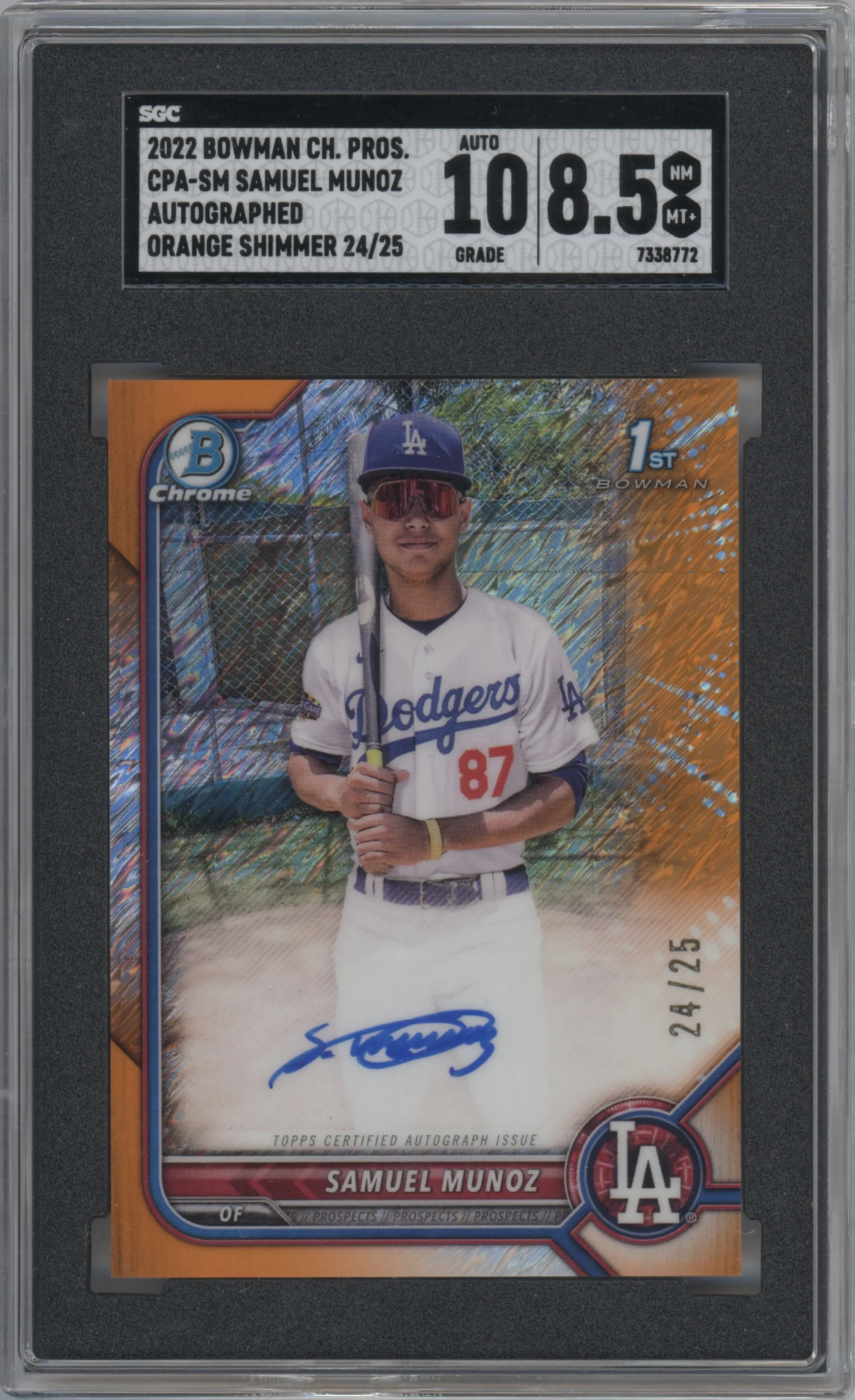 2022 Bowman Chrome Pros.Auto Samuel Munoz Orange Shimmer Refractor SGC 8.5