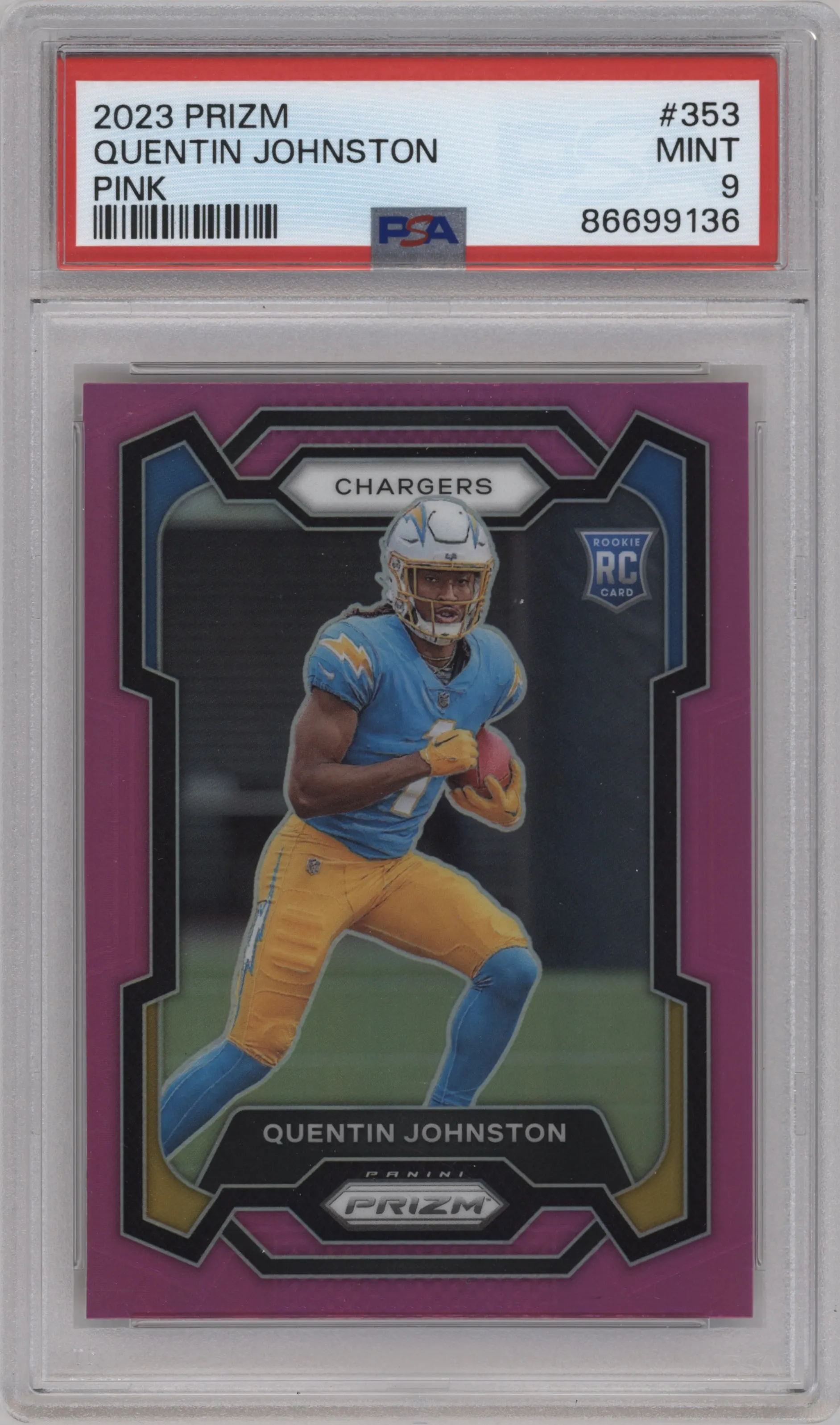 Quentin Johnston from the 2023 Panini Prizm set featuring a Pink Prizm parallel graded by PSA and given an overall grade of 9.
