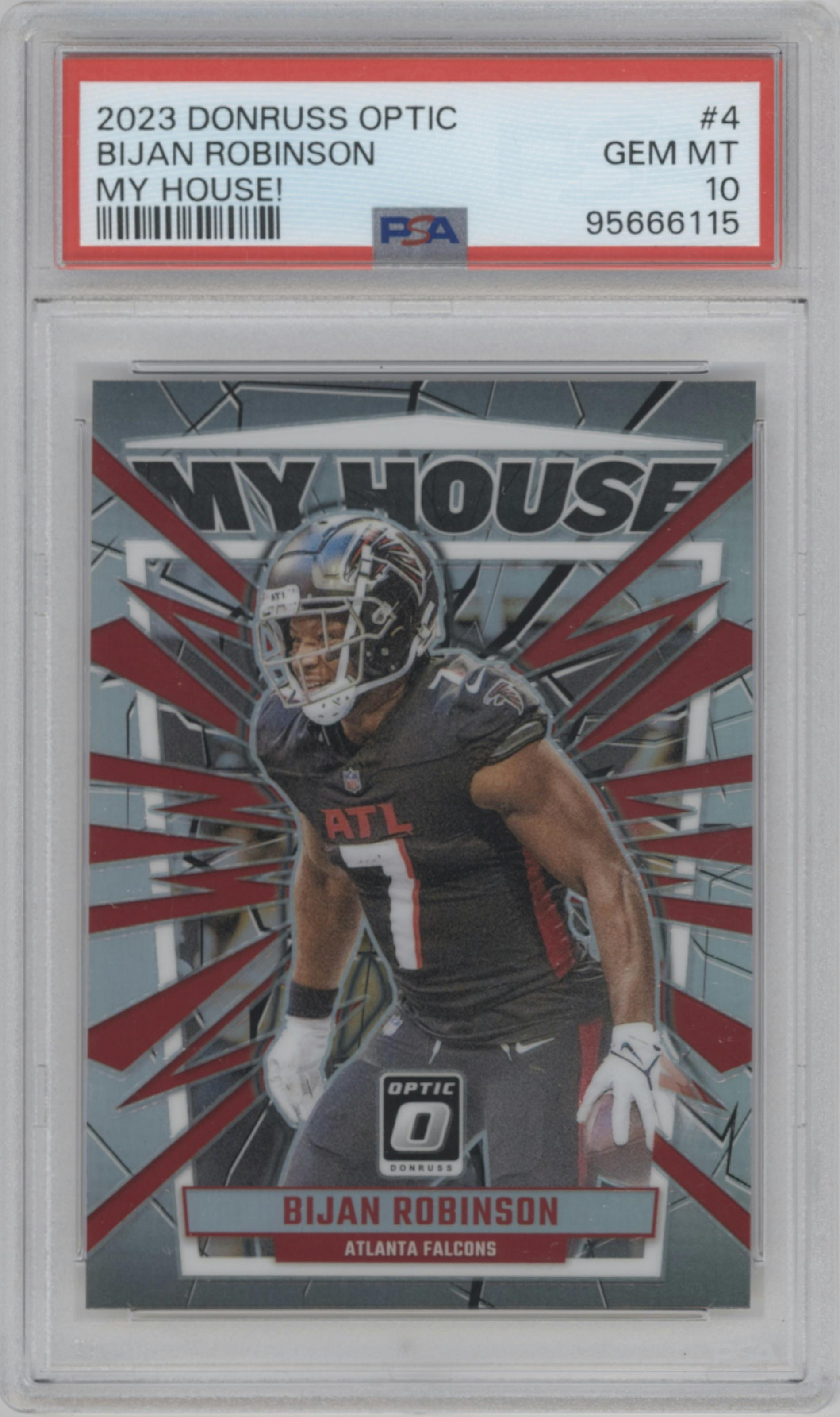 Bijan Robinson from the 2023 Donruss Optic set graded by PSA and given an overall grade of 10.