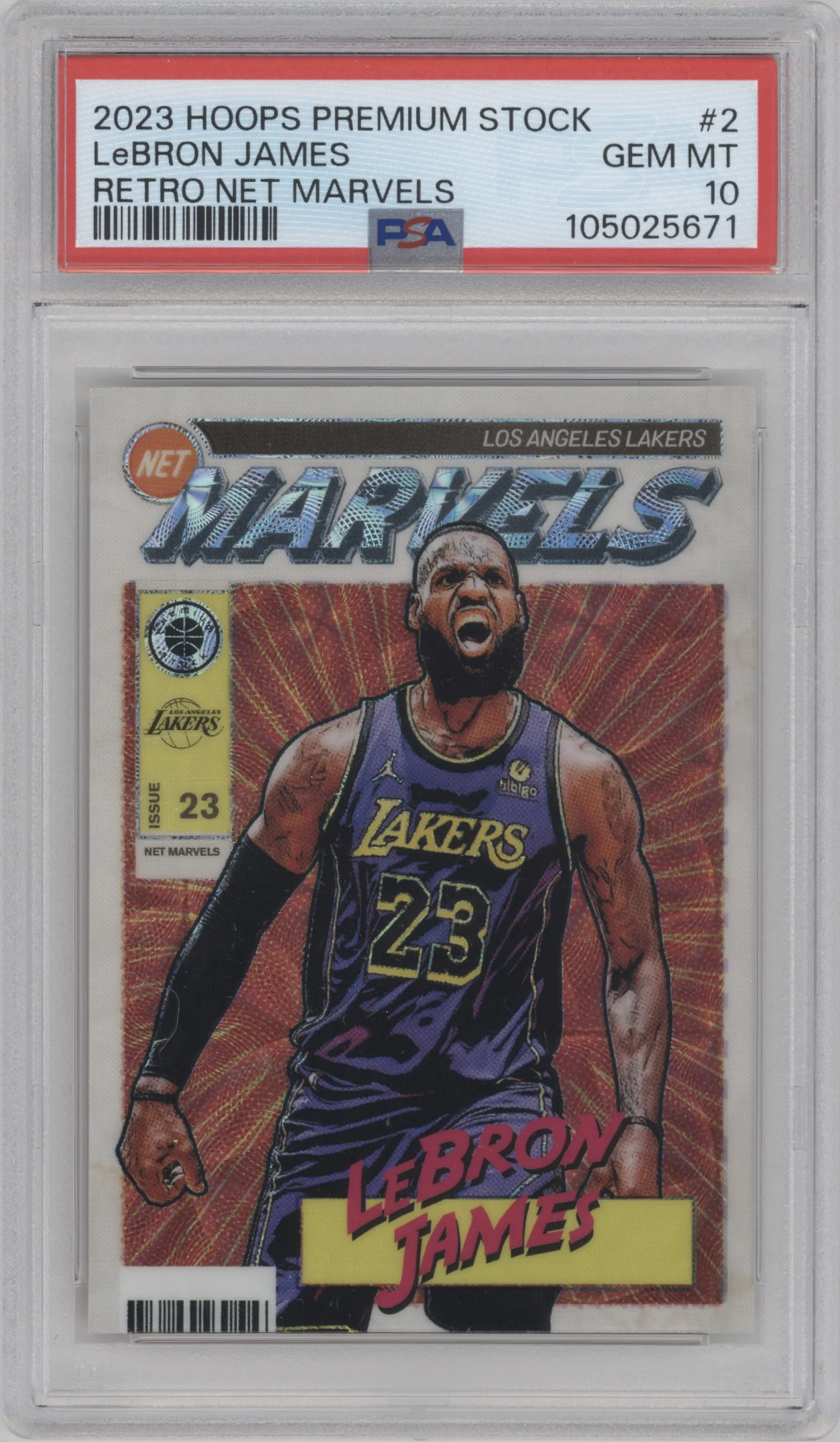 LeBron James from the 2023-24 Panini Hoops Premium Stock set graded by PSA and given an overall grade of 10.
