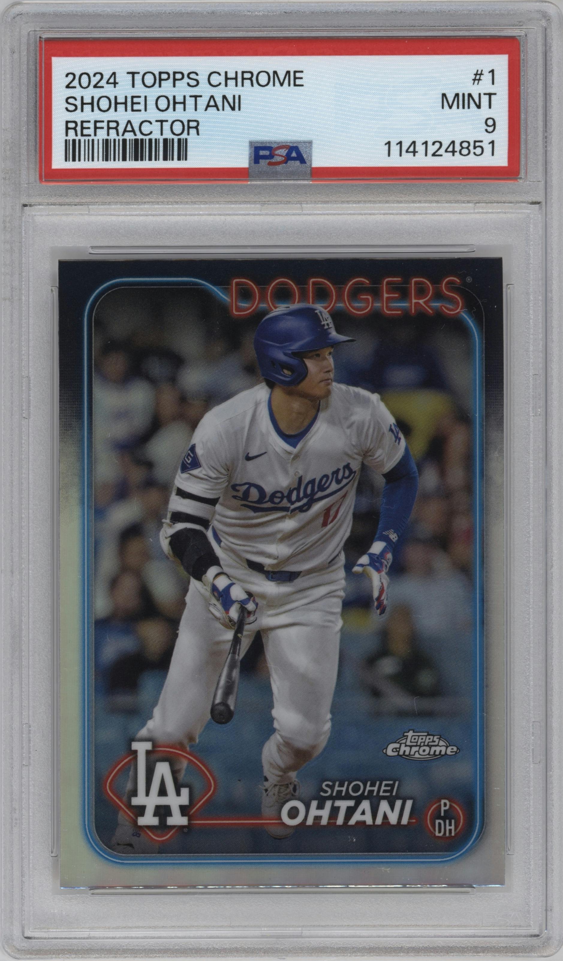 Shohei Ohtani from the 2024 Topps Chrome set featuring a Refractor parallel graded by PSA and given an overall grade of 9.