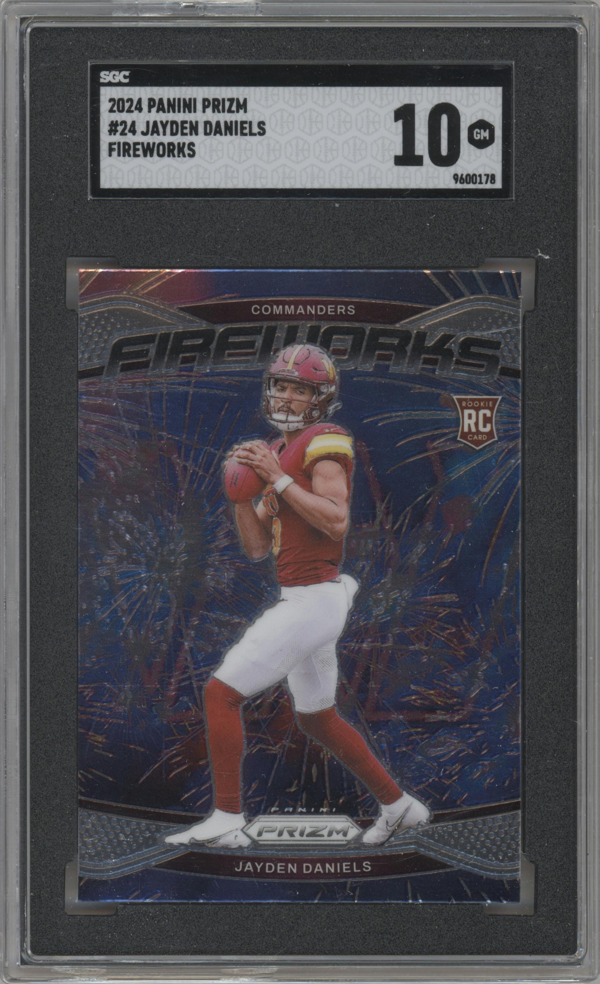 Jayden Daniels from the 2024 Panini Prizm set graded by SGC and given an overall grade of 10.