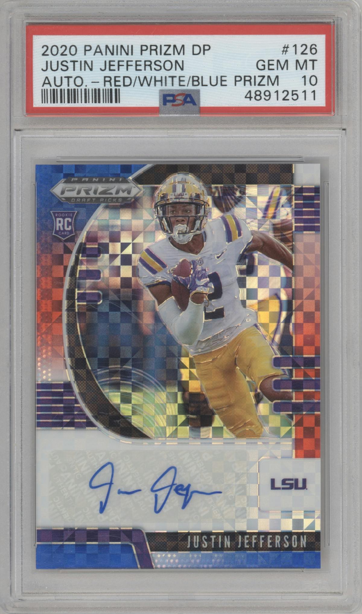 Justin Jefferson from the 2020 Panini Prizm Draft Picks set featuring a Red/White/Blue Prizm parallel graded by PSA and given an overall grade of 10.