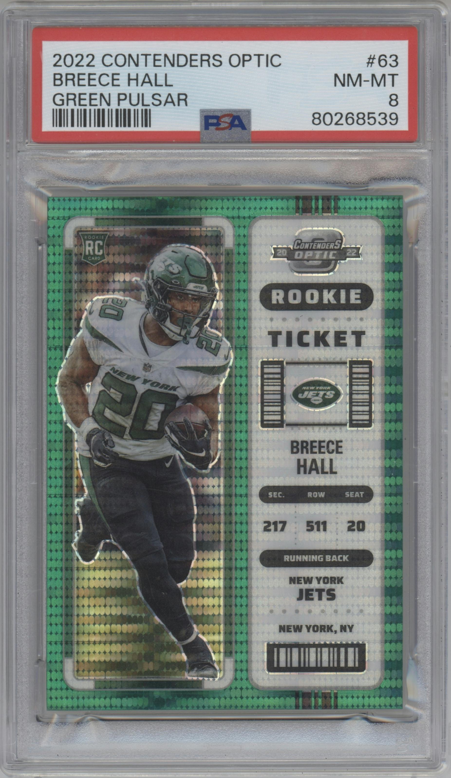 Breece Hall from the 2022 Panini Contenders Optic set featuring a Green Pulsar parallel graded by PSA and given an overall grade of 8.