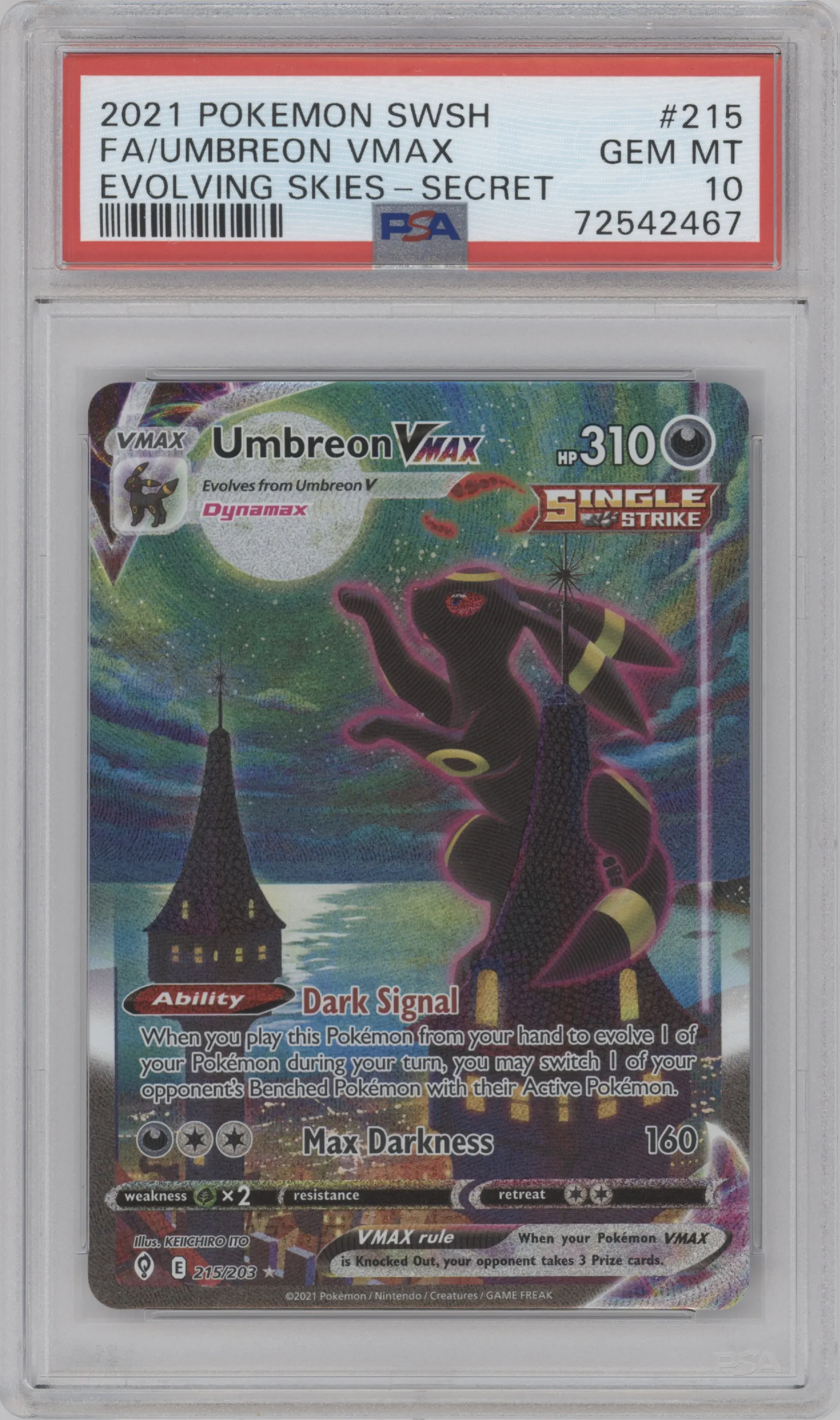 Umbreon VMAX from the 2021 Pokemon SWSH set graded by PSA and given an overall grade of 10.
