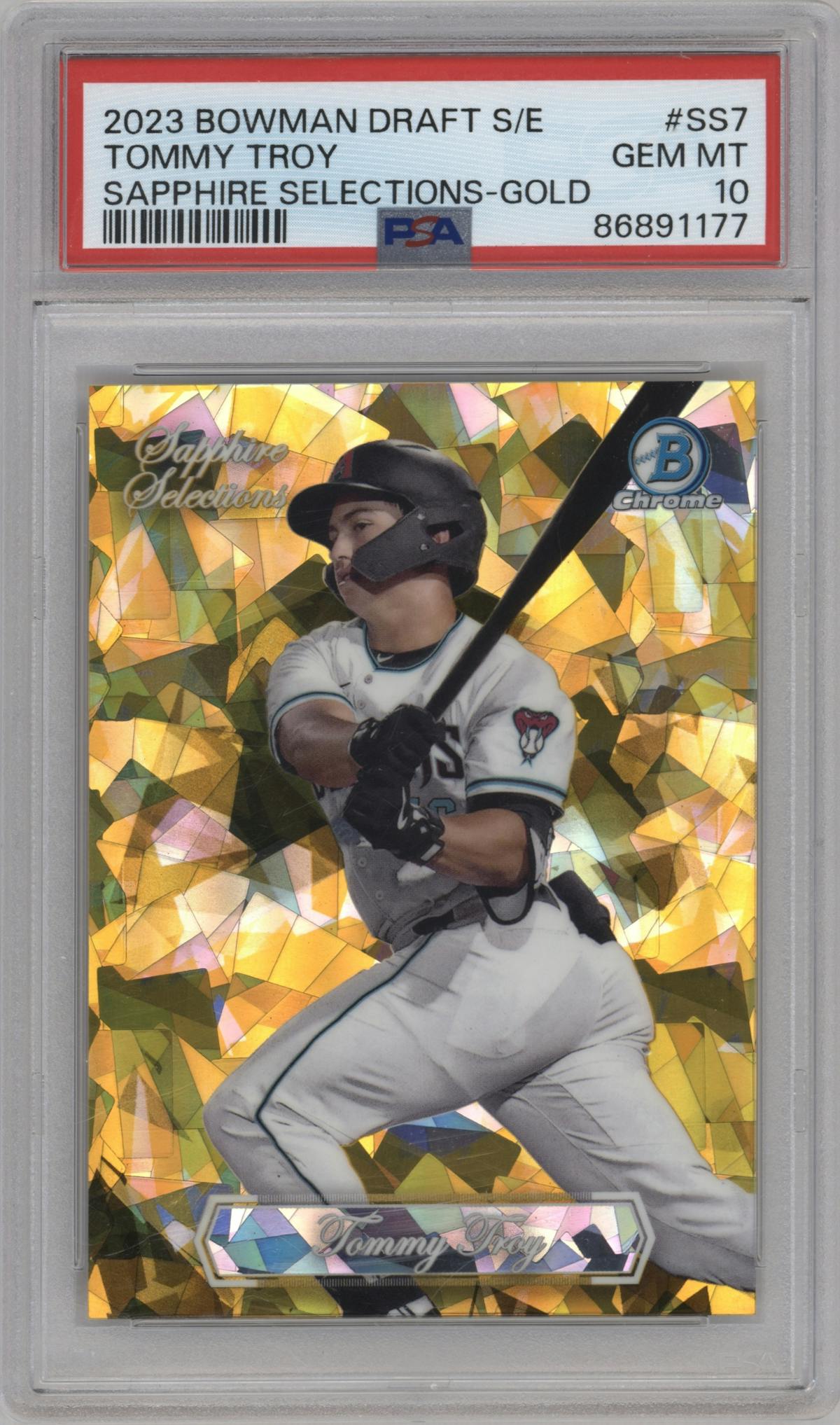Tommy Troy from the 2023 Bowman Draft Sapphire set featuring a Gold Refractor parallel graded by PSA and given an overall grade of 10.