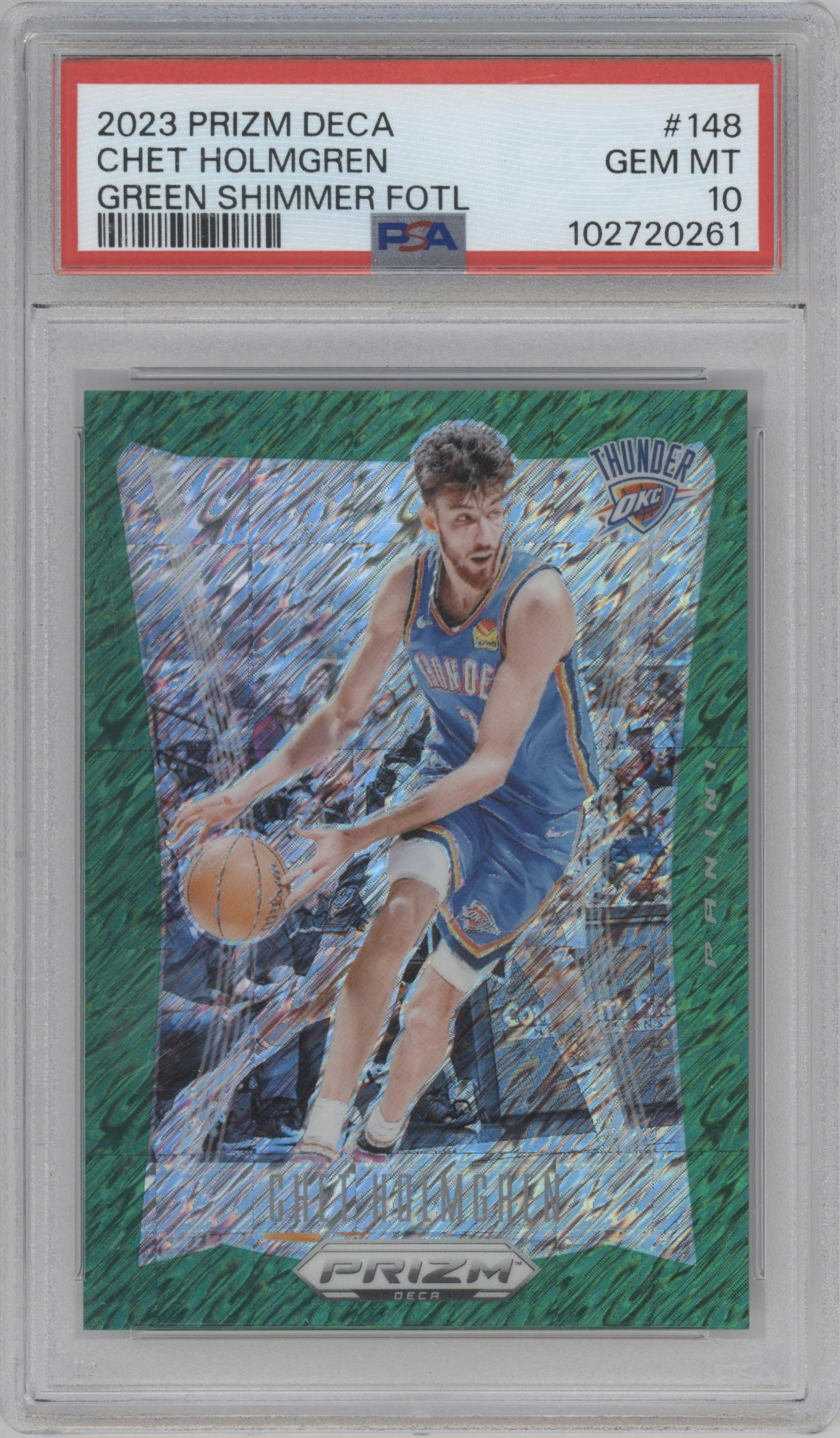Chet Holmgren from the 2023-24 Panini Prizm Deca set featuring a FOTL Green Shimmer parallel graded by PSA and given an overall grade of 10.