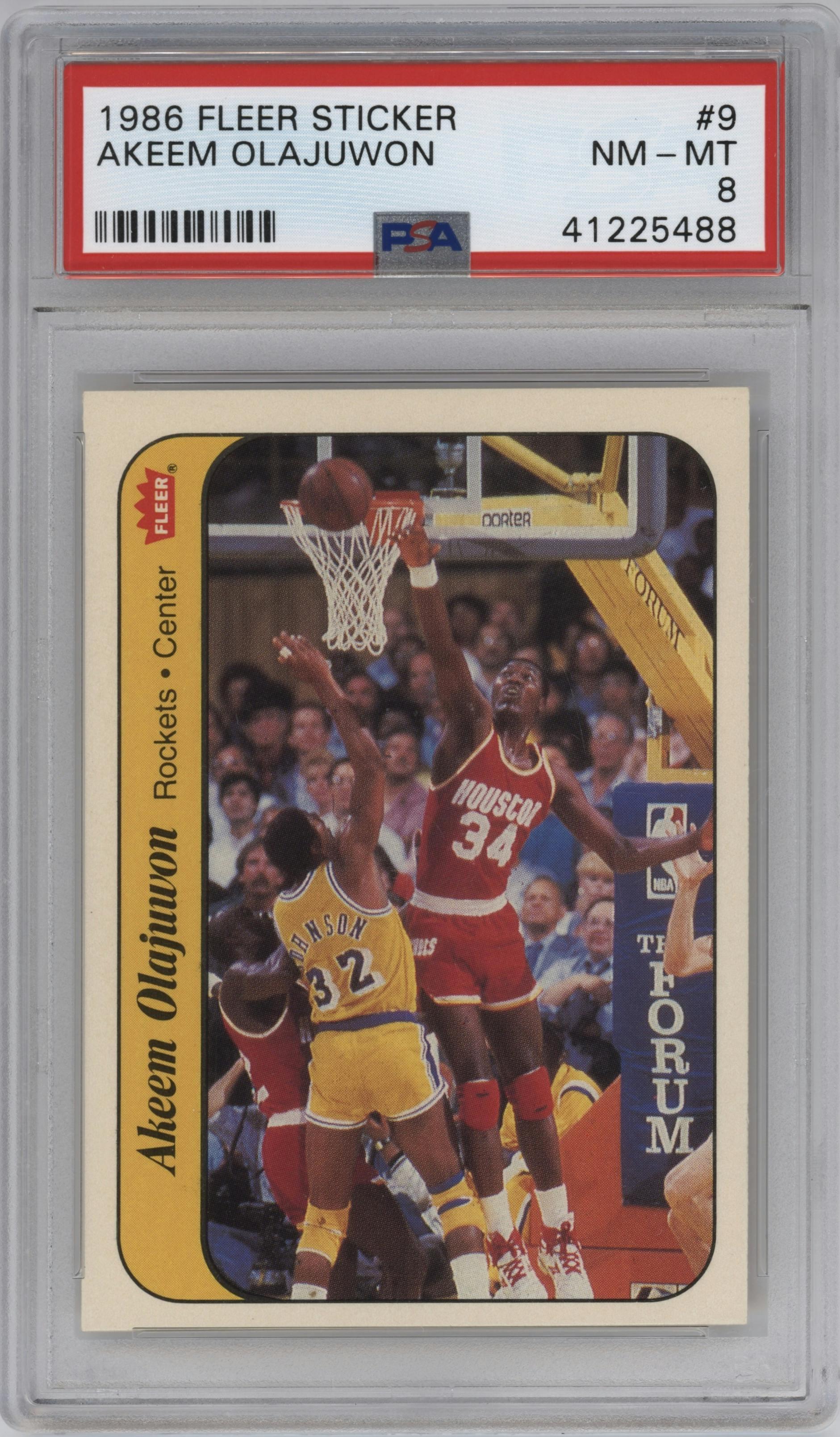 Akeem Olajuwon from the 1986-87 Fleer set graded by PSA and given an overall grade of 8.