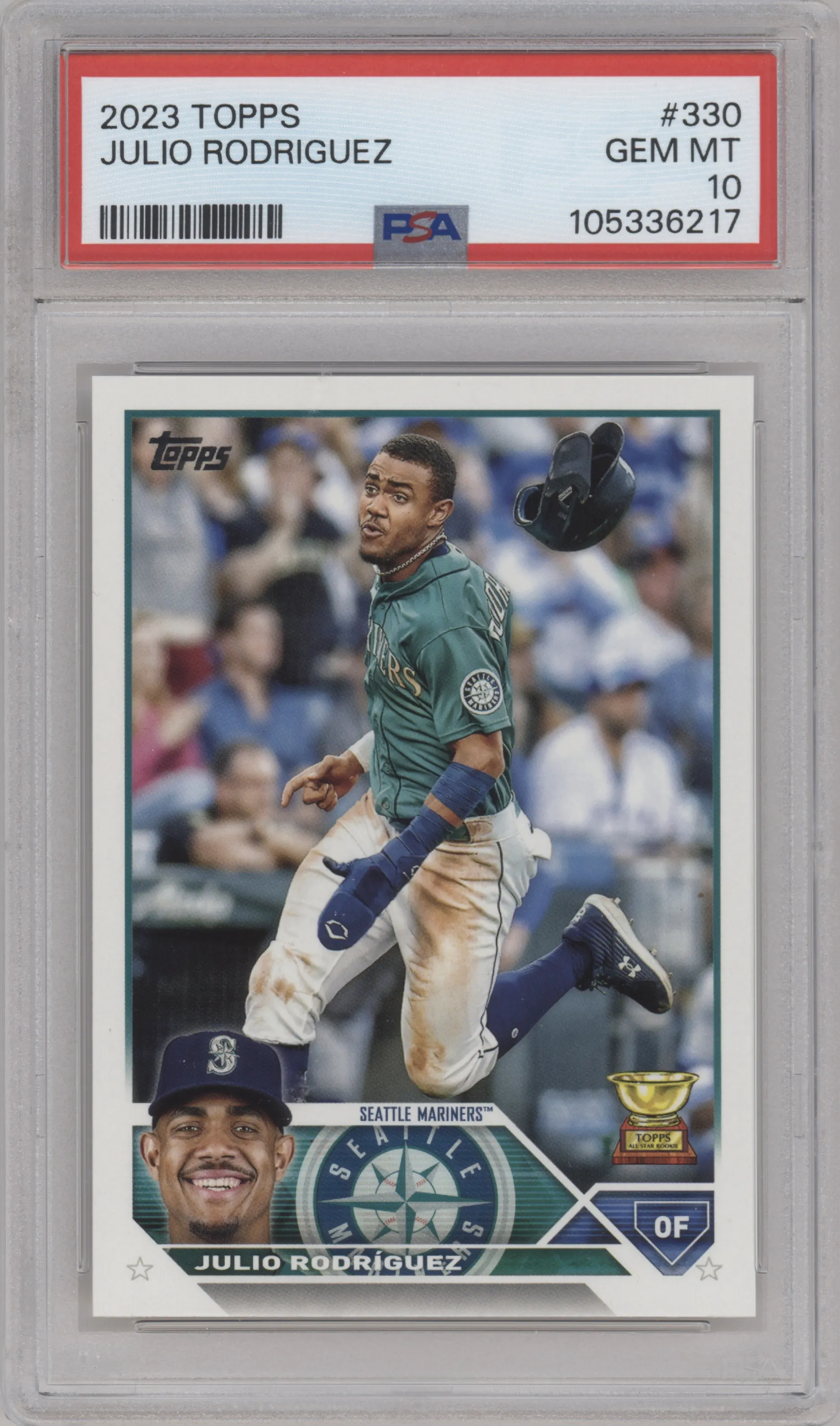 Julio Rodriguez from the 2023 Topps set graded by PSA and given an overall grade of 10.