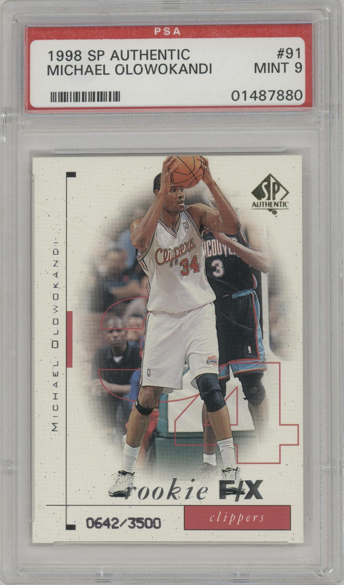 Michael Olowokandi from the 1998-99 SP Authentic set graded by PSA and given an overall grade of 9.