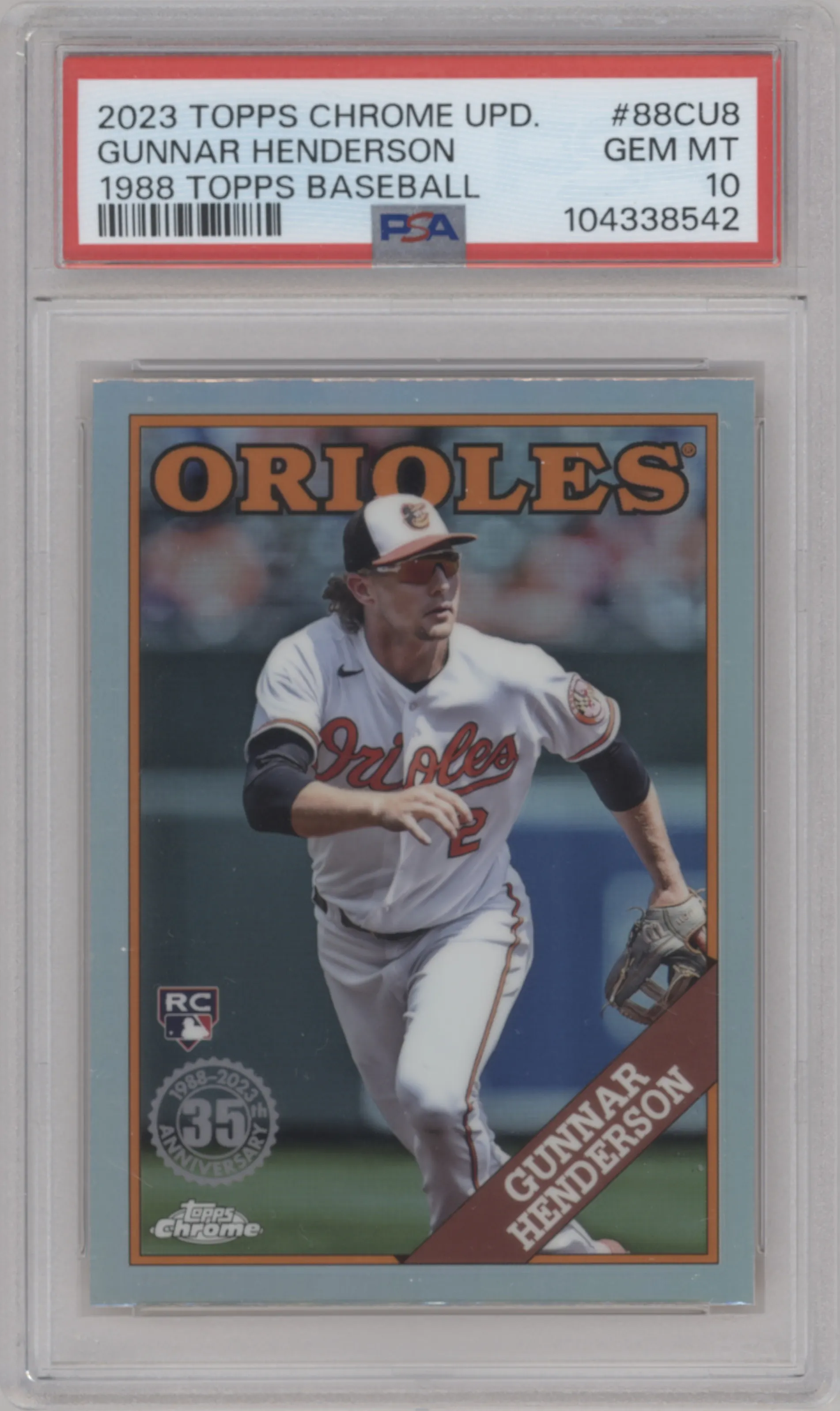 Gunnar Henderson from the 2023 Topps Chrome Update set graded by PSA and given an overall grade of 10.