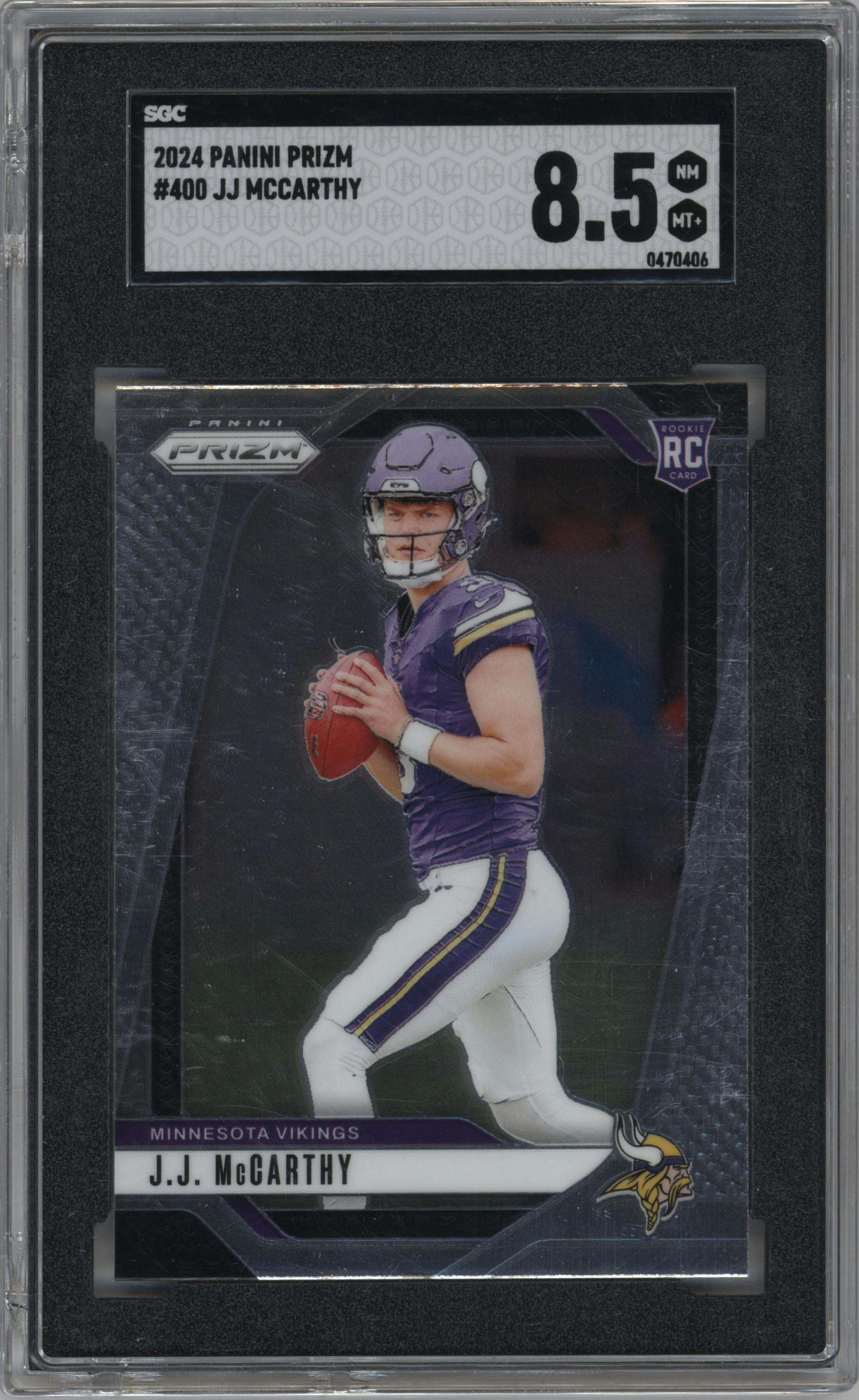 J.J. McCarthy from the 2024 Panini Prizm set graded by SGC and given an overall grade of 8.5.