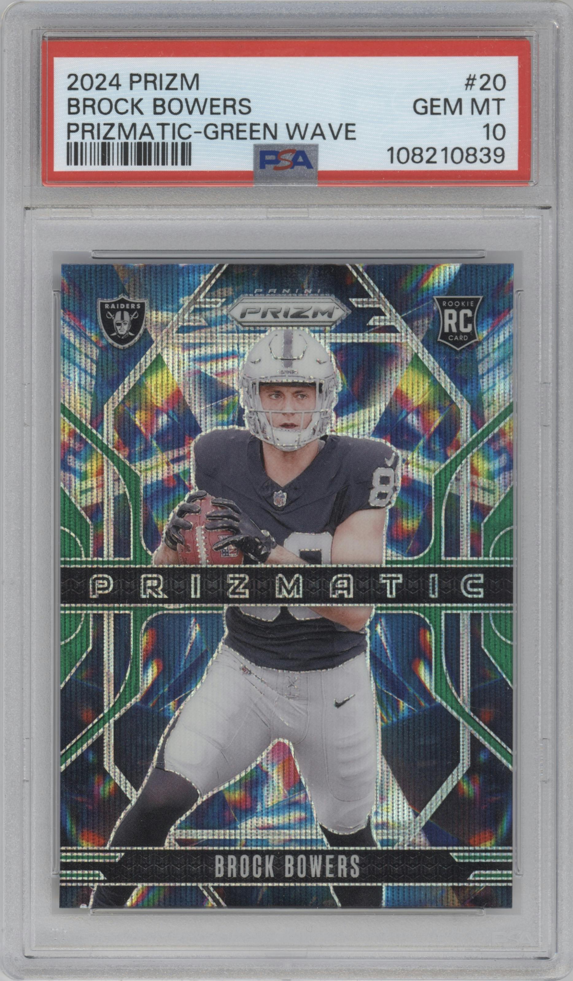 Brock Bowers from the 2024 Panini Prizm set featuring a Green Wave parallel graded by PSA and given an overall grade of 10.