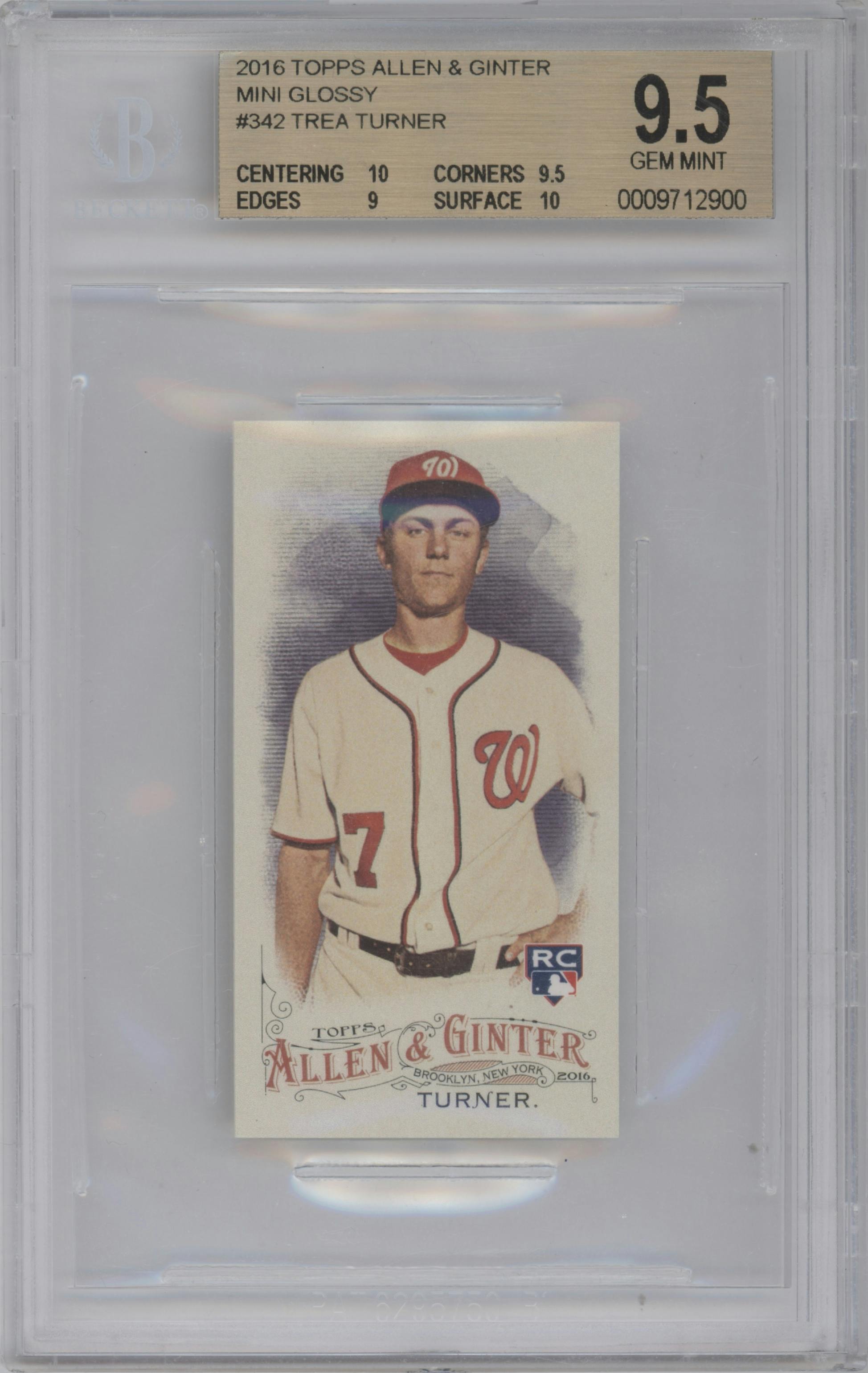 Trea Turner from the 2016 Topps Allen & Ginter  set featuring a Mini Glossy parallel graded by Beckett and given an overall grade of 9.5.