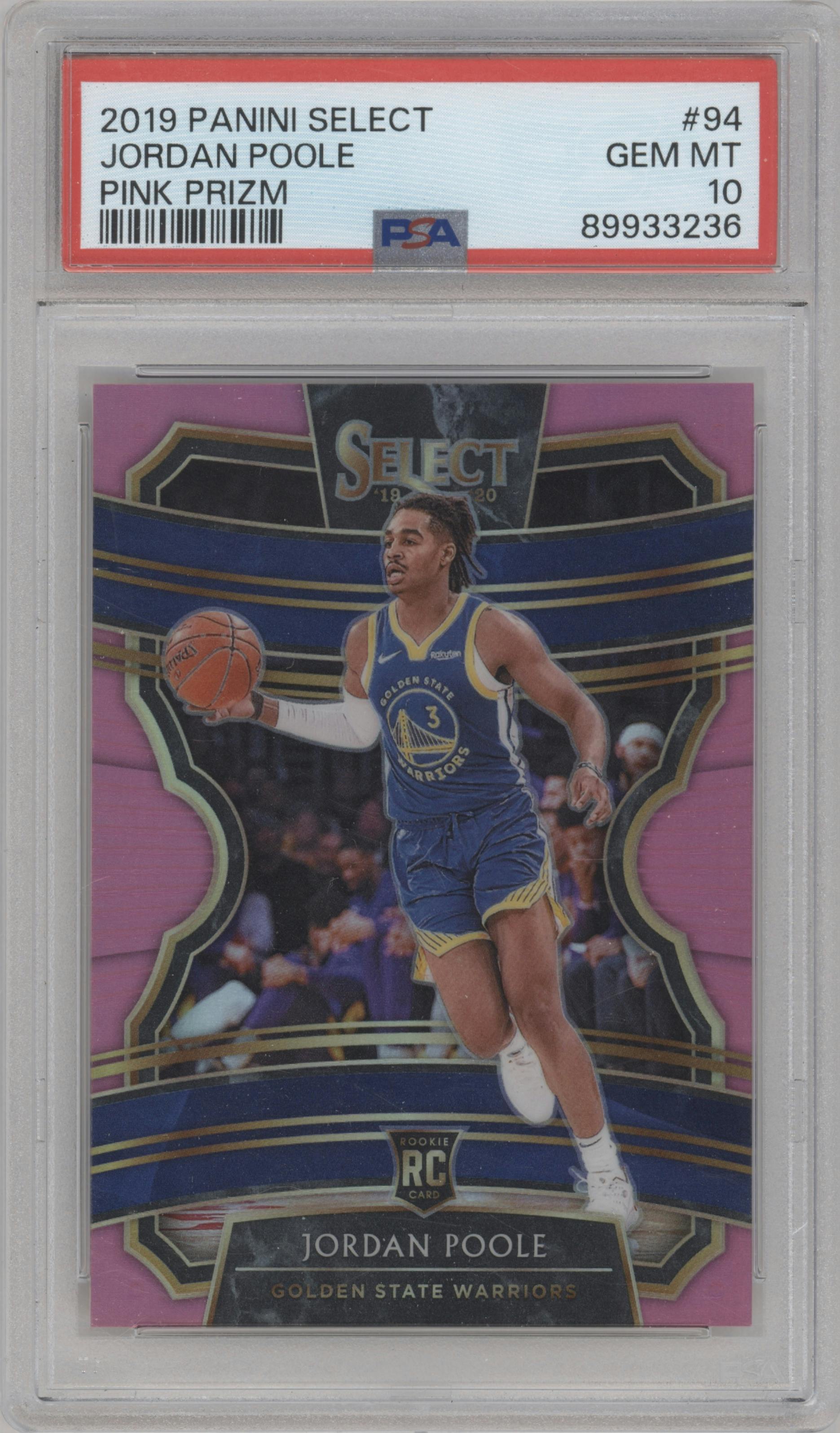 Jordan Poole from the 2019-20 Panini Select set featuring a Pink parallel graded by PSA and given an overall grade of 10.