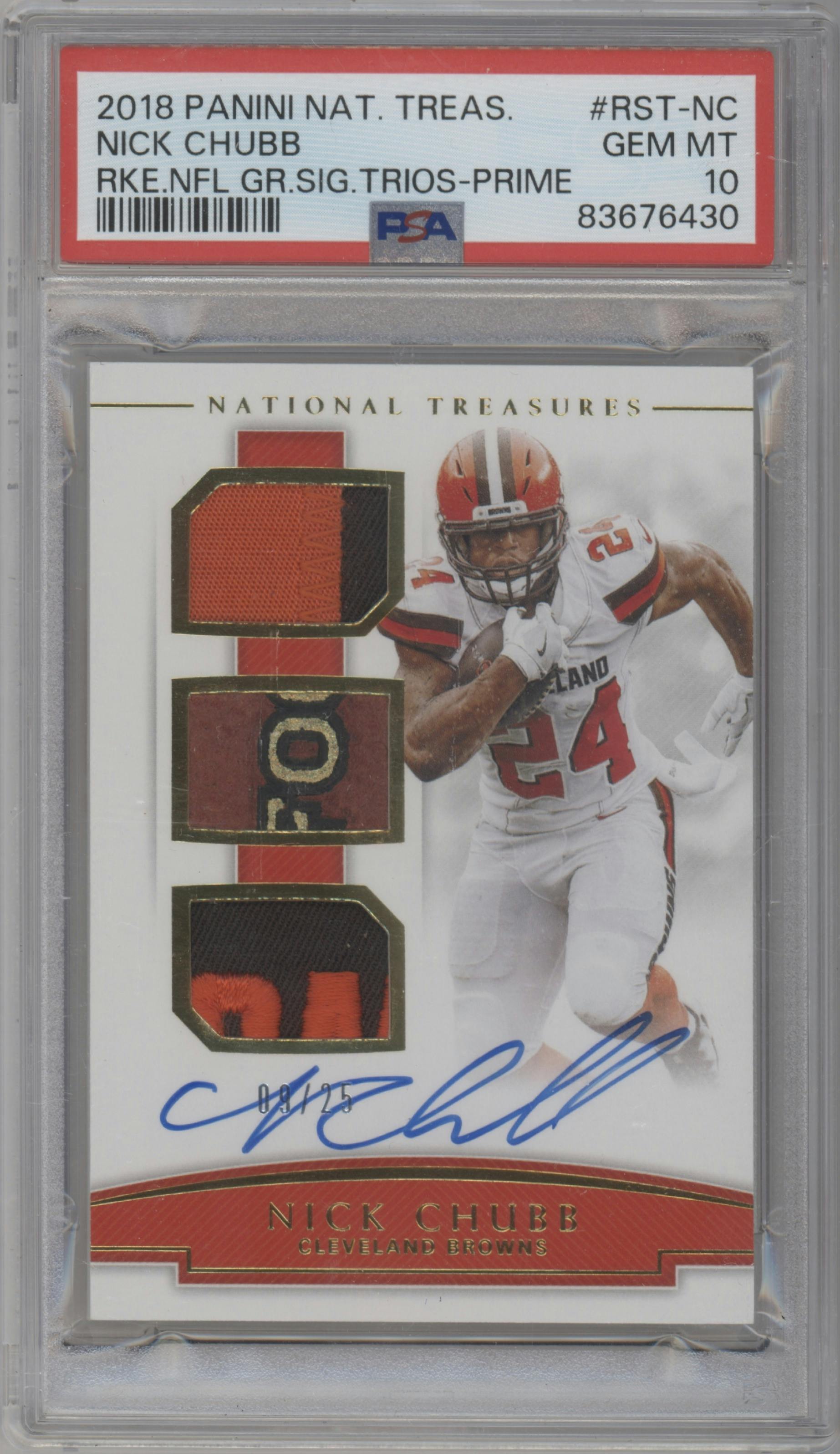 Nick Chubb from the 2018 Panini National Treasures set featuring a Prime parallel graded by PSA and given an overall grade of 10.