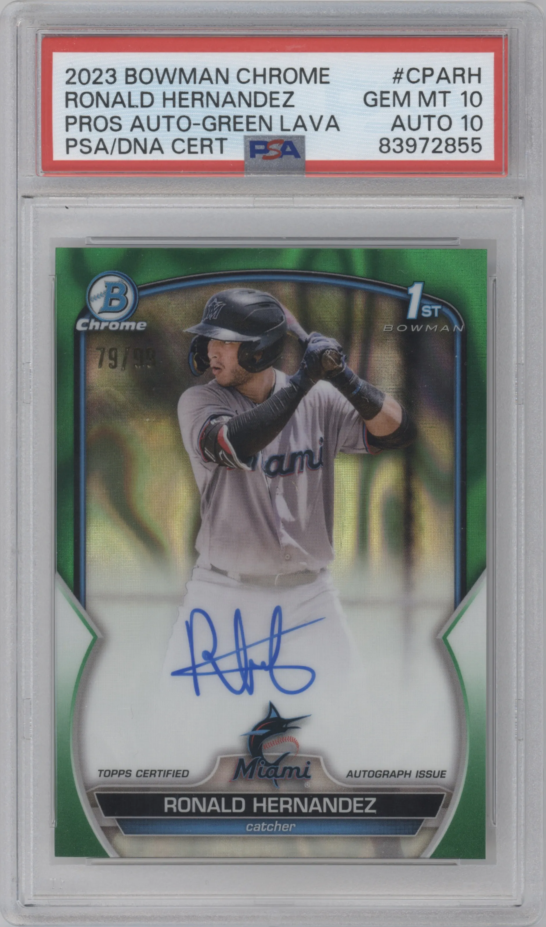 Ronald Hernandez from the 2023 Bowman Chrome set featuring a Green Lava Refractor parallel graded by PSA and given an overall grade of 10.