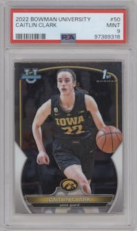 Caitlin Clark from the 2022-23 Bowman University Chrome set graded by PSA and given an overall grade of 9.