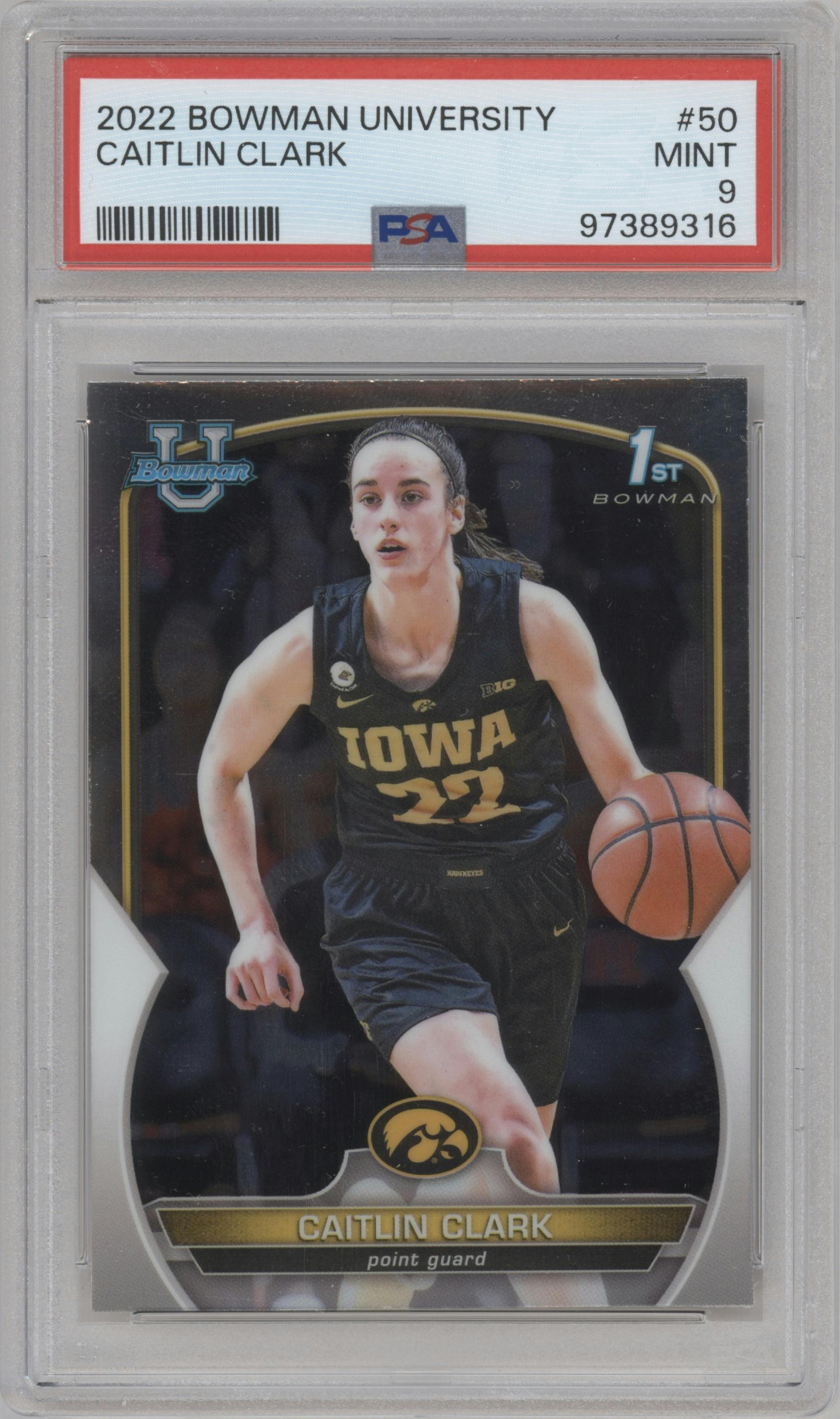 Caitlin Clark from the 2022-23 Bowman University Chrome set graded by PSA and given an overall grade of 9.