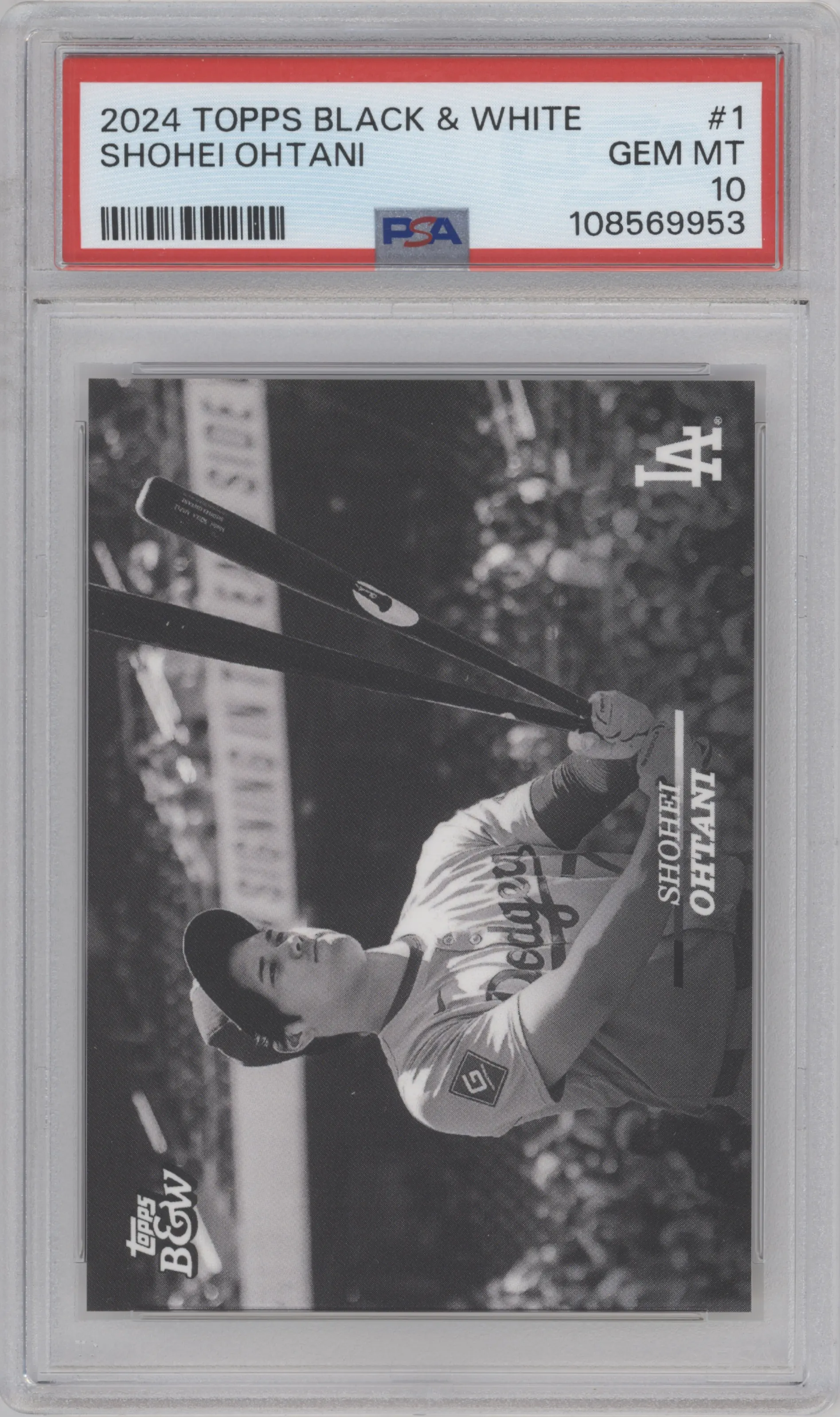 Shohei Ohtani from the 2024 Topps Black & White set graded by PSA and given an overall grade of 10.